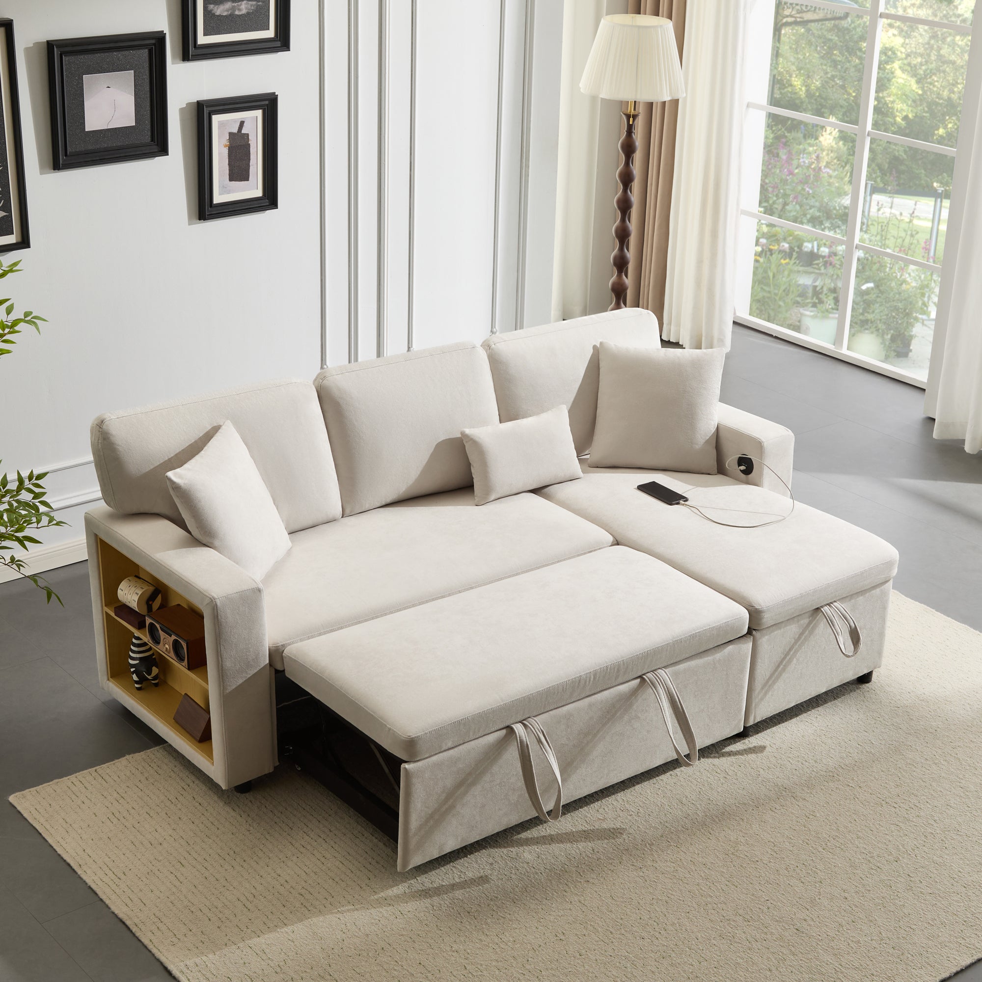 Logidon corner sofa bed L-shape extendable beige with bed box shelf