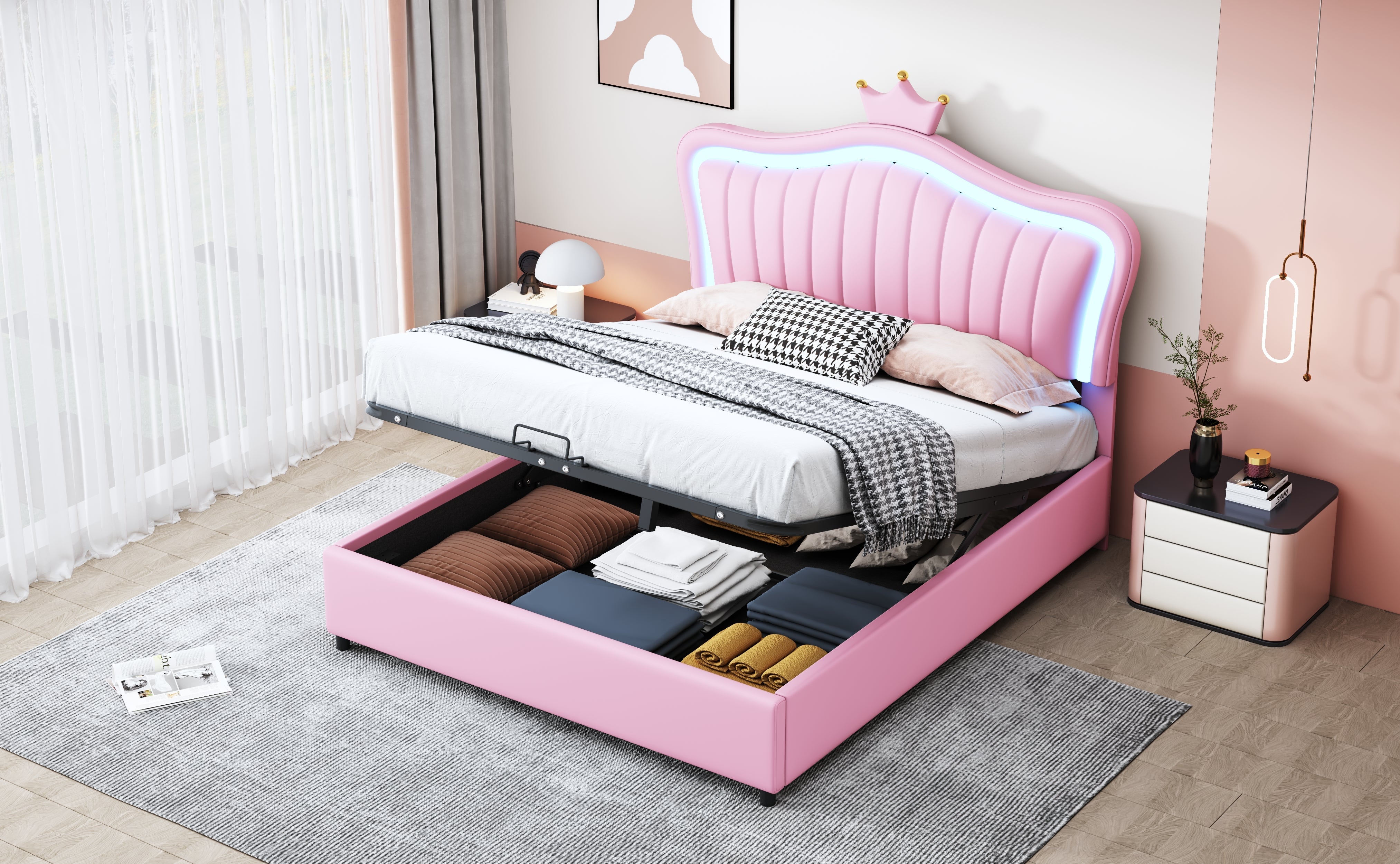 Logidon kinderbed 140x200 roze gestoffeerd bed met hydraulische opbergruimte