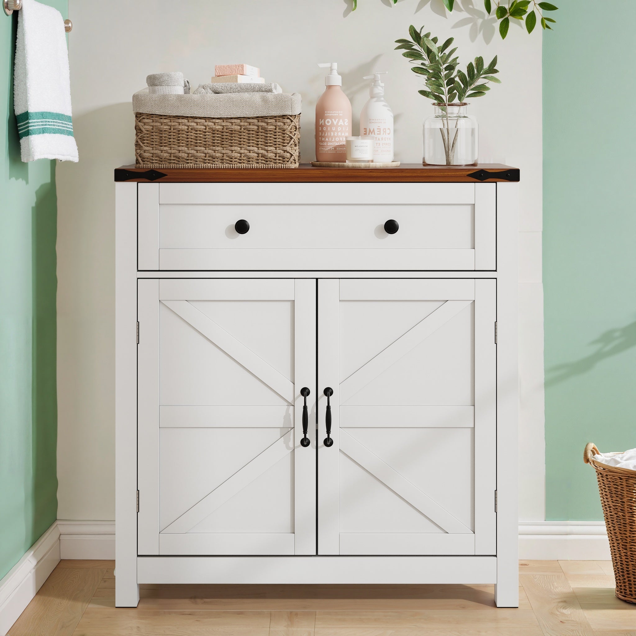 Logidon Farmhouse Buffet Box 76 cm White With Drawers Walnut Top