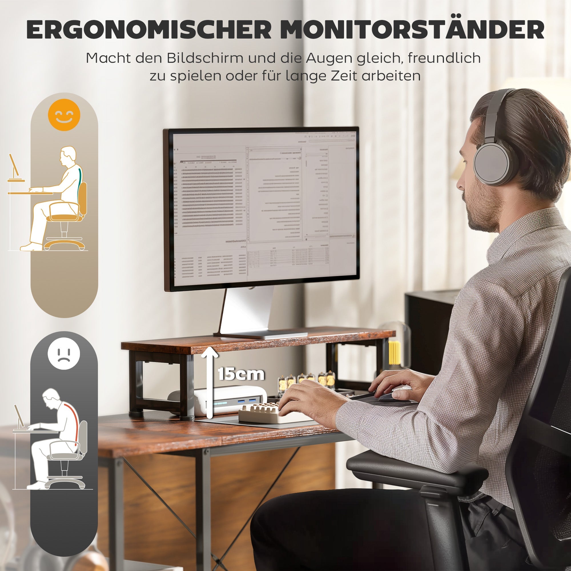 Logidon L-vormig bureau 168x120 cm rustiek bruine monitorstandaard