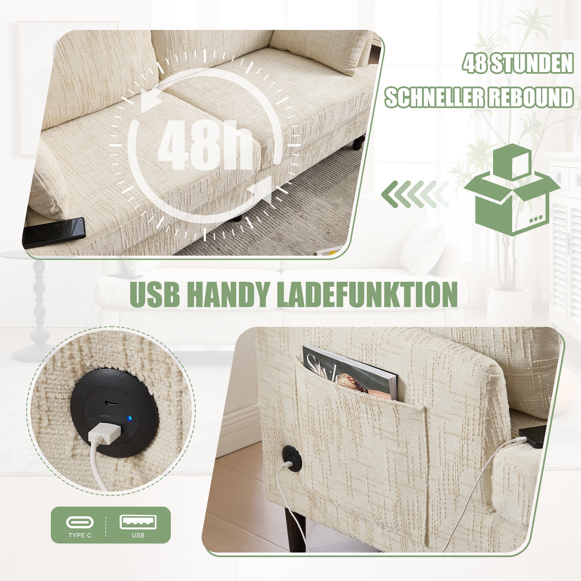 Logidon tweezitsbank van chenille, beige LED-USB-opbergruimte, houten poten