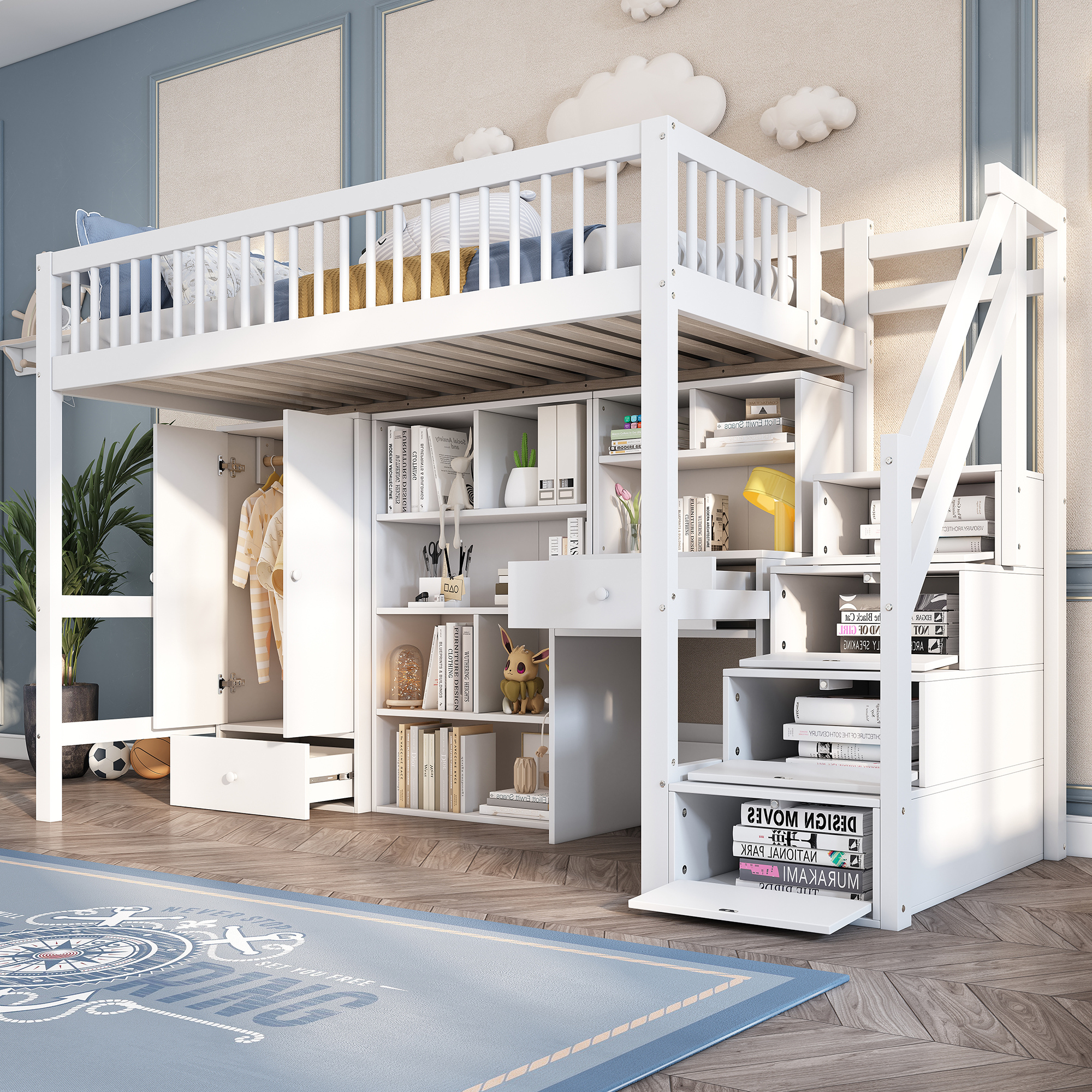 Logidon Kinderbed Loft Met Bureau Opbergruimte 90x200 Wit