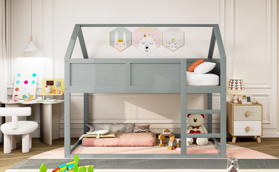 Logidon laag kinderbed 90x200 grijs met trap massief hout