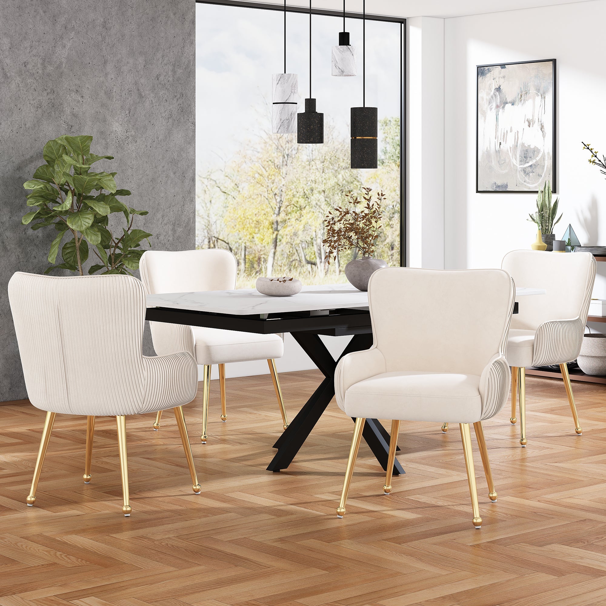 Logidon fluwelen eetkamerstoelen beige set van 2 met goudkleurige metalen poten