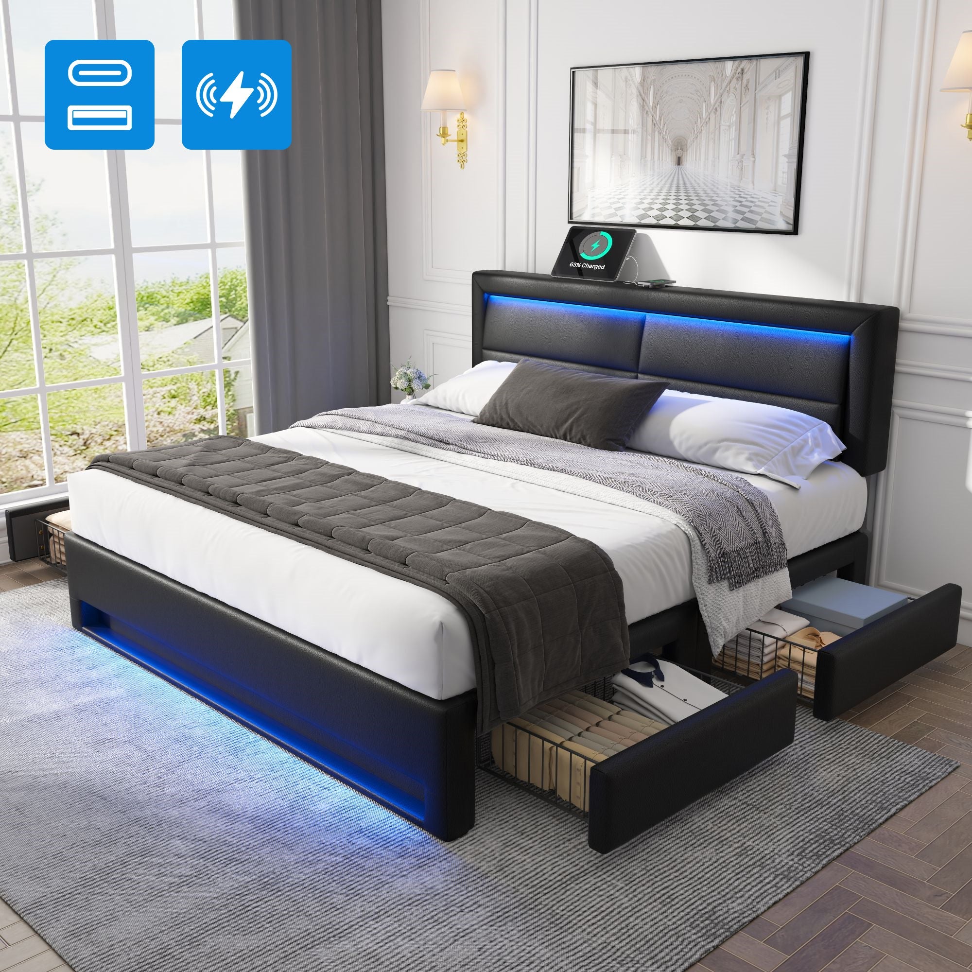 Logidon bed 140x190 cm met USB LED 4 lades zwart
