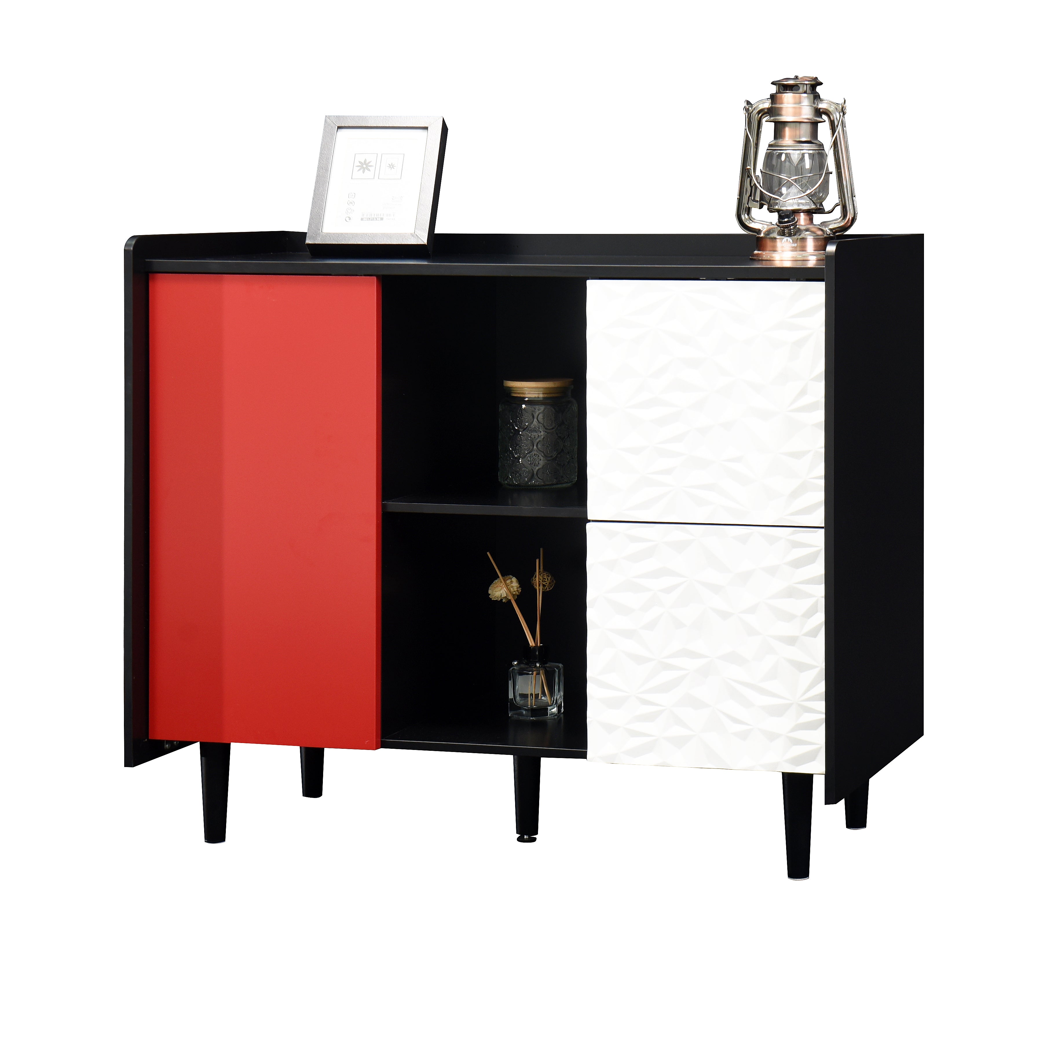 Logidon Dressoir Zwart Met Rode Deuren 2 Lades 90x40x80 cm