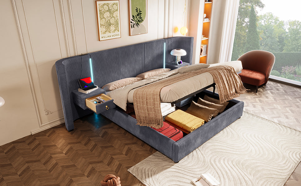 Logidon upholstered bed 180x200 cm gray velvet with LED strip storage space