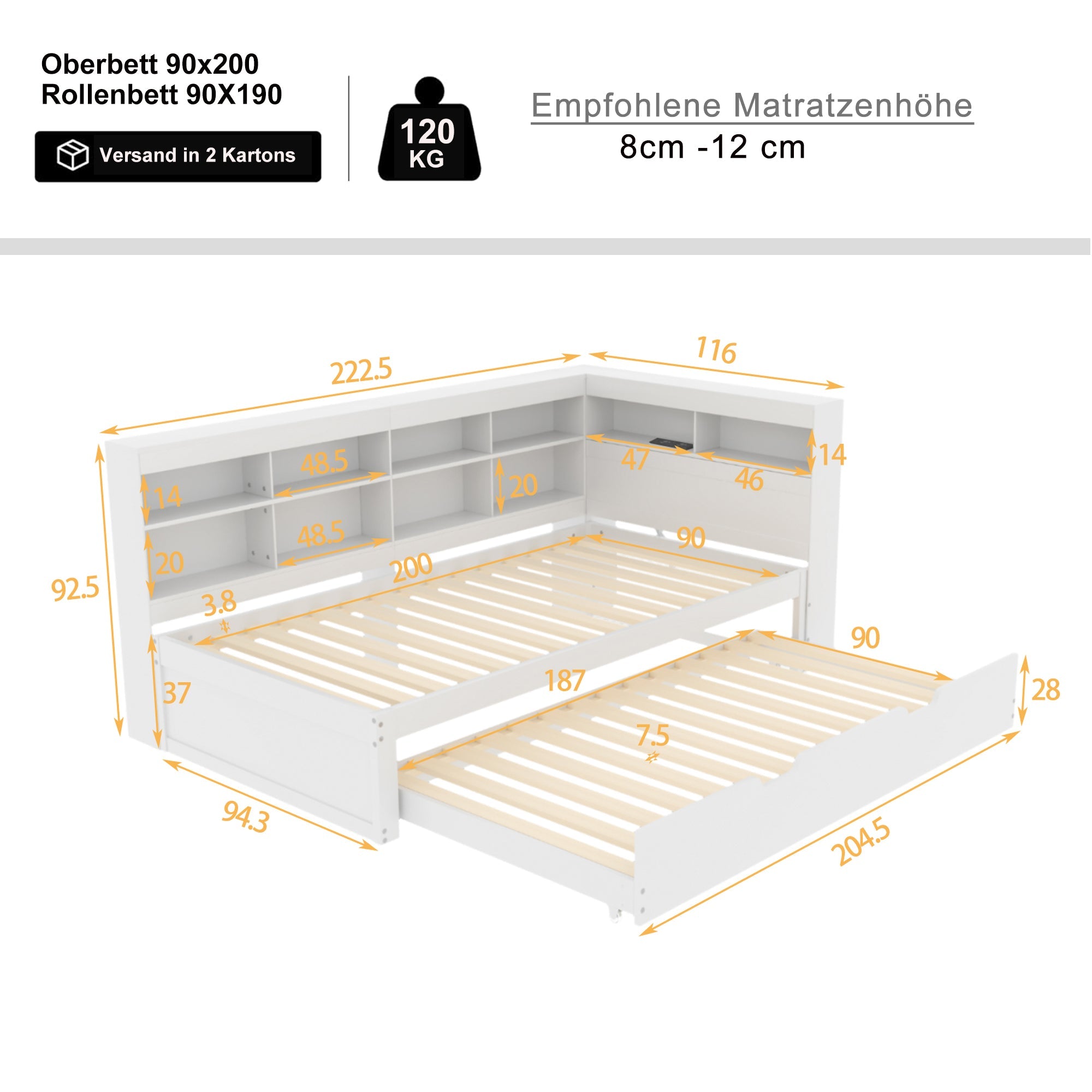 Logidon slaapbank 90x200 uitschuifbaar bed 90x190 USB wit