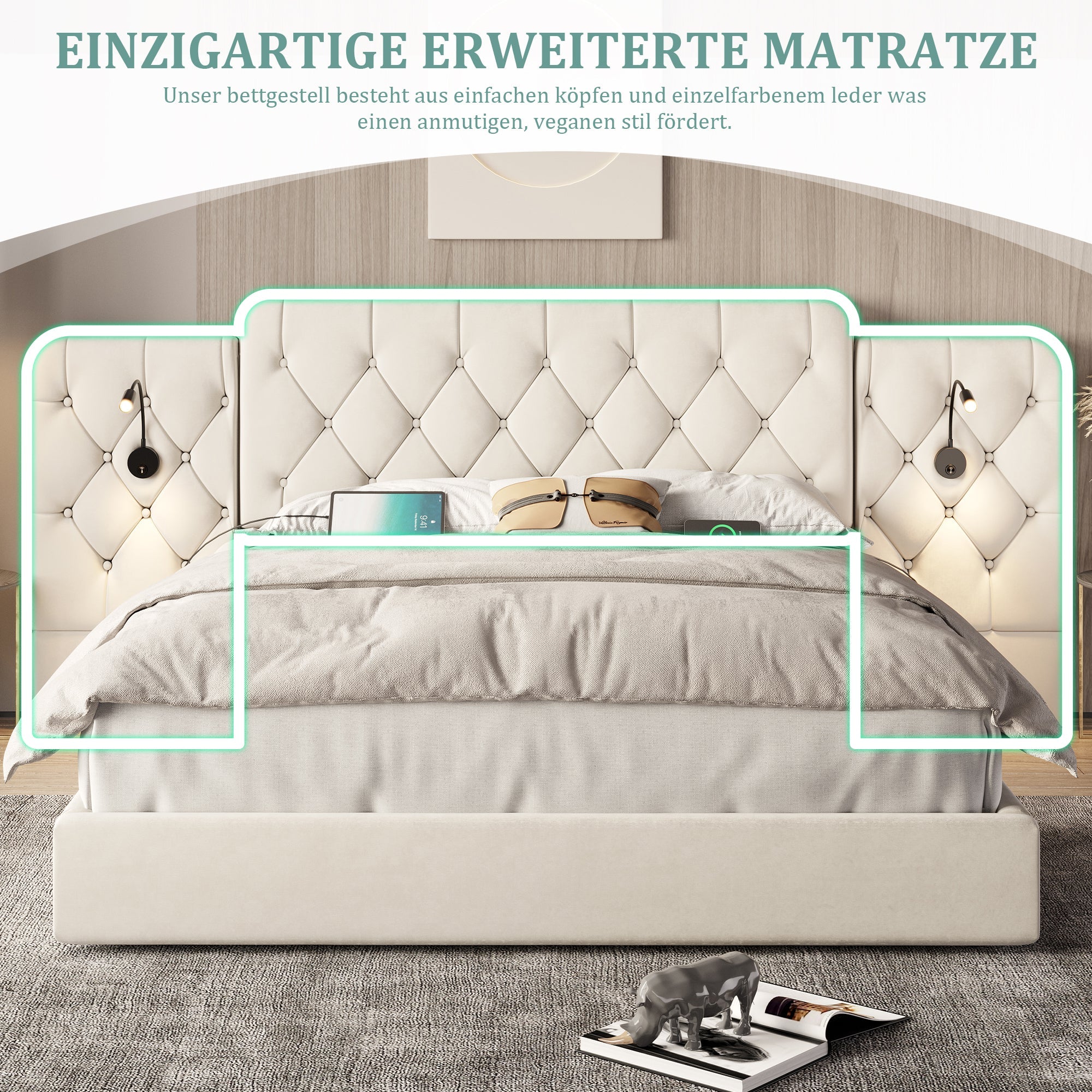 Logidon bedframe beige fluweel met lang hoofdeinde en USB-poorten
