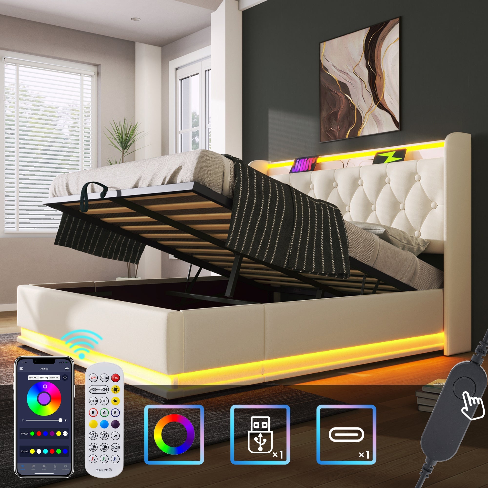 Logidon gestoffeerd bed tweepersoonsbed 160X200 cm wit met 360 surround LED