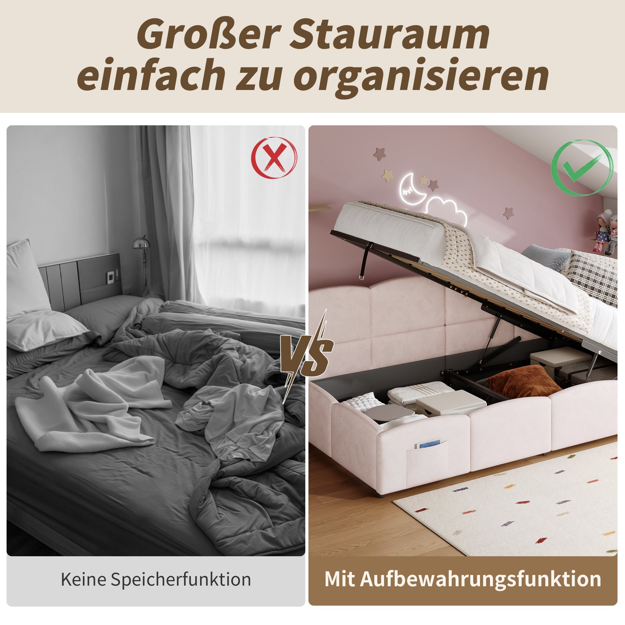 Logidon fluweel gestoffeerd bed roze 90x200 met lattenbodem en opbergruimte
