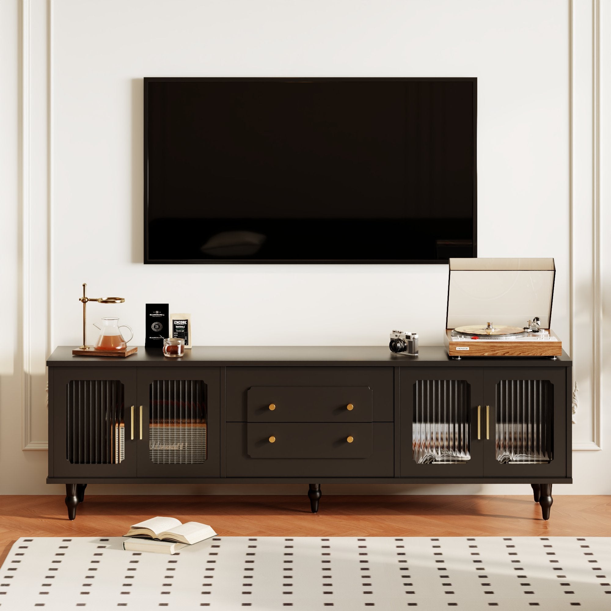 Logidon Lowboard Black with Golden Handles and Glass Doors