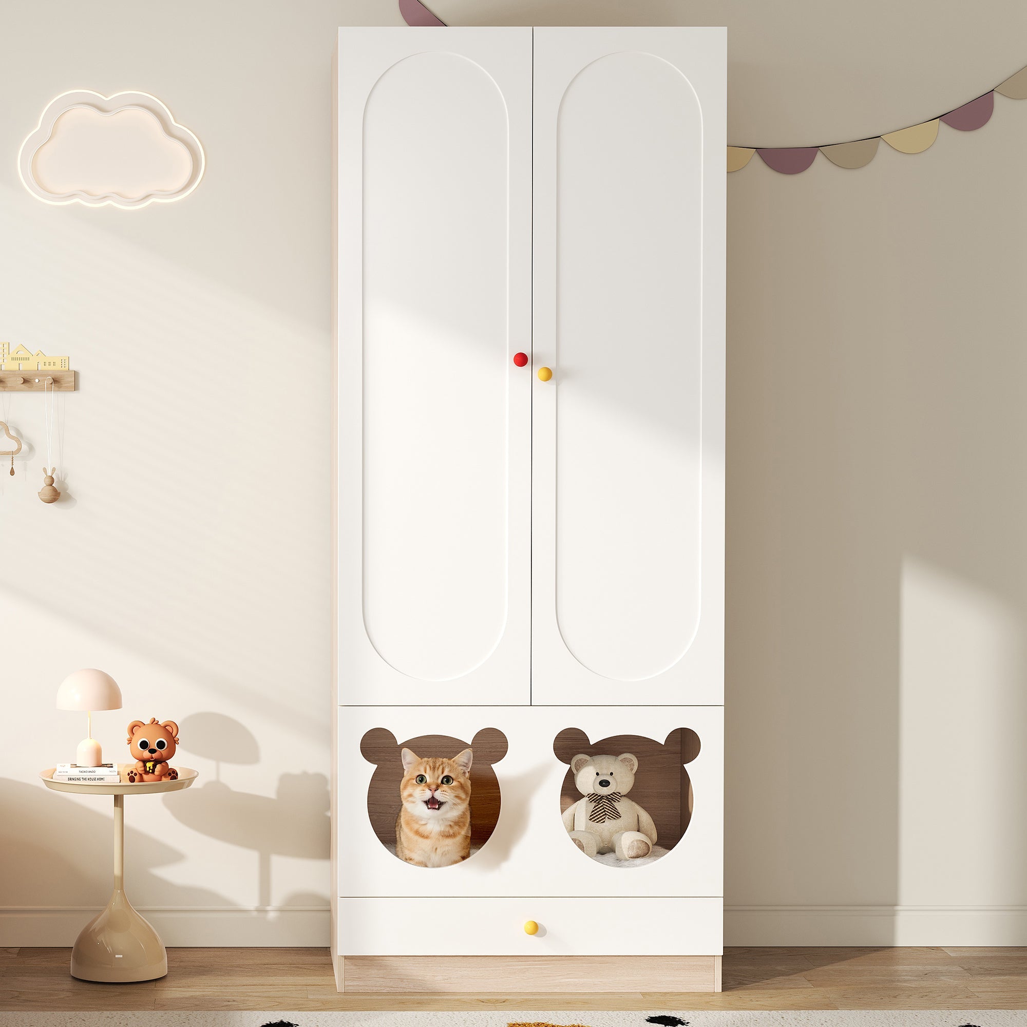Logidon kinderkledingkast wit naturel hout met kattenmand 80x50x200cm
