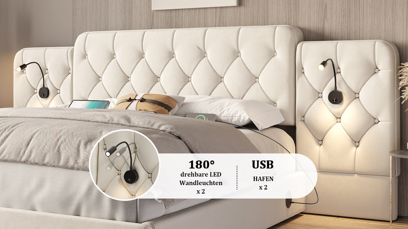 Logidon bedframe beige fluweel met lang hoofdeinde en USB-poorten
