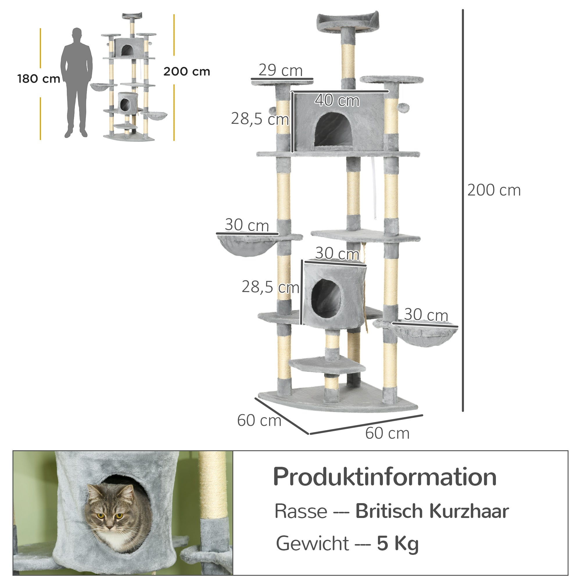 Logidon Krabpaal XXL 200 cm Lichtgrijs en Cat Caves Hangmatten