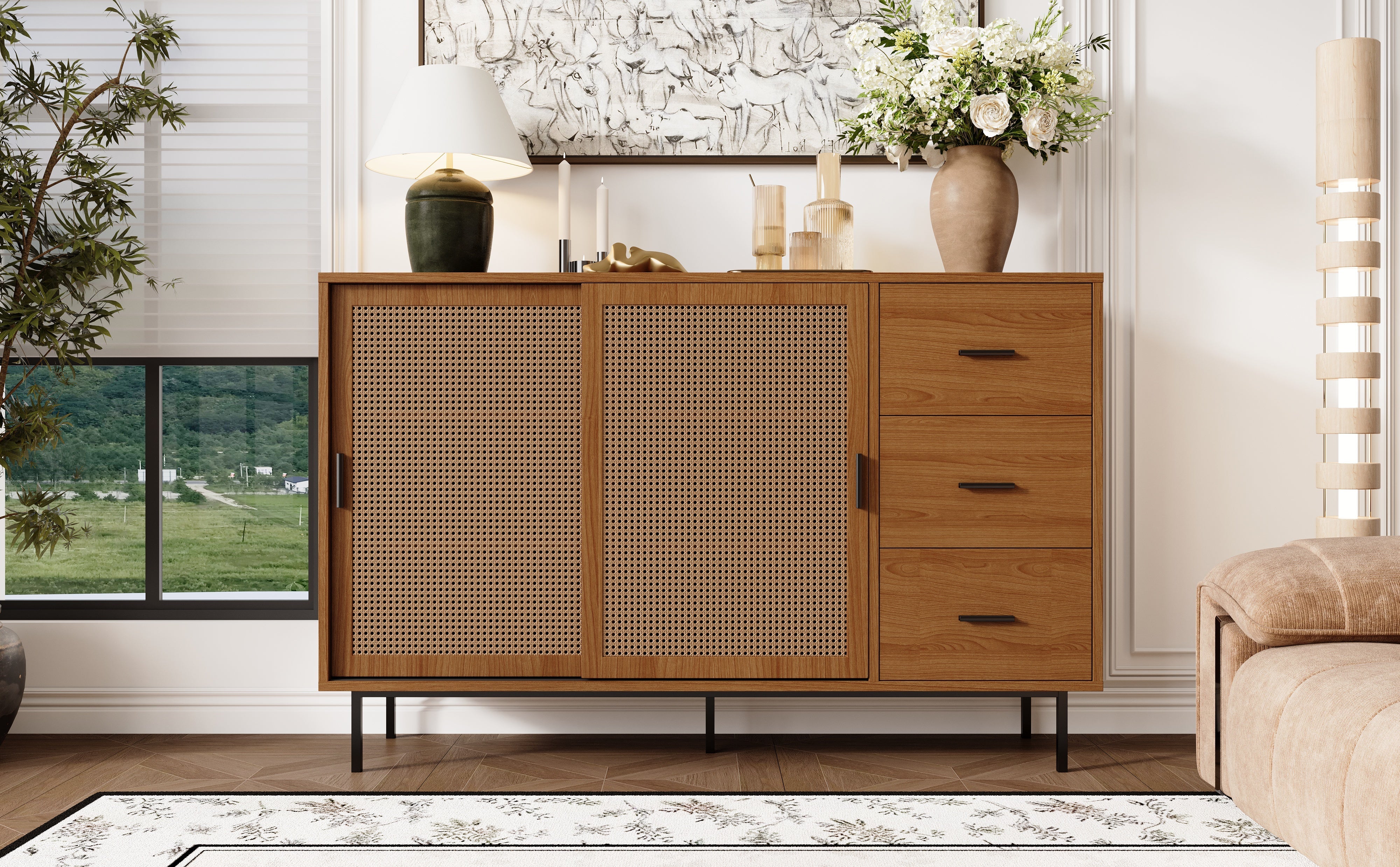 Logidon dressoir naturel 140x37x91cm met 2 schuifdeuren en 3 lades