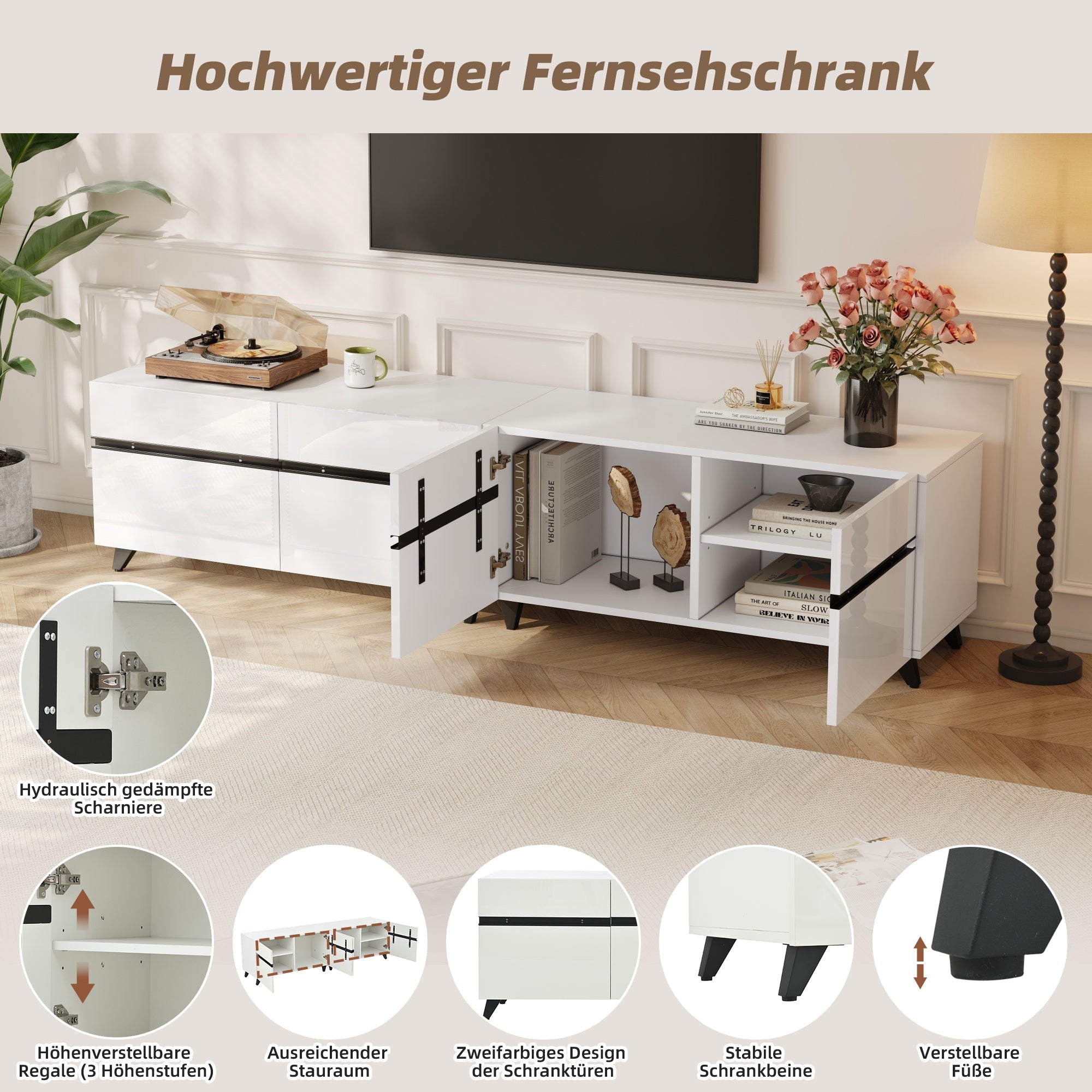 Logidon TV-meubel 180x40x49 cm wit hoogglans 4 kasten