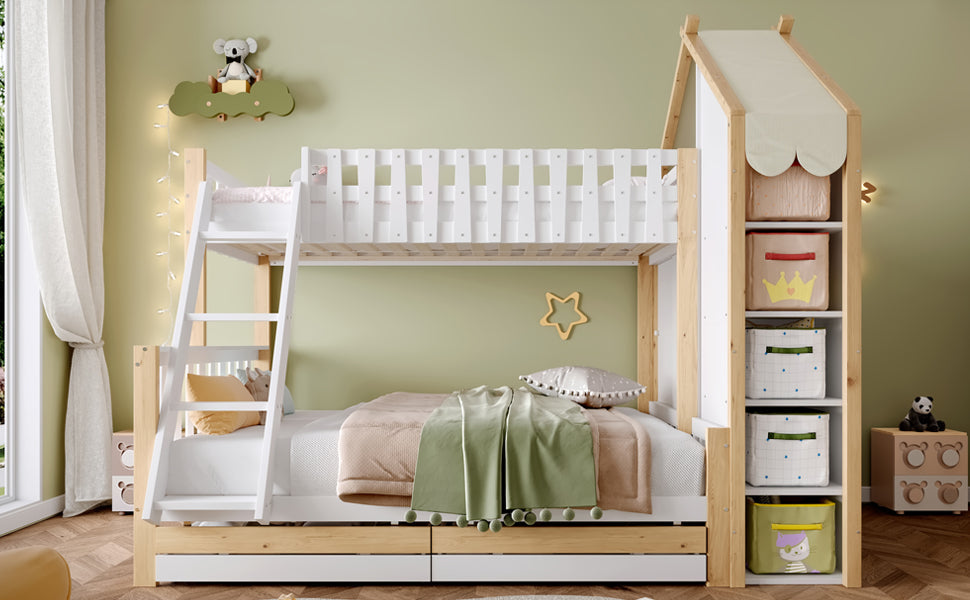 Logidon stapelbed 90x200 en 140x200 wit naturel met 2 lades