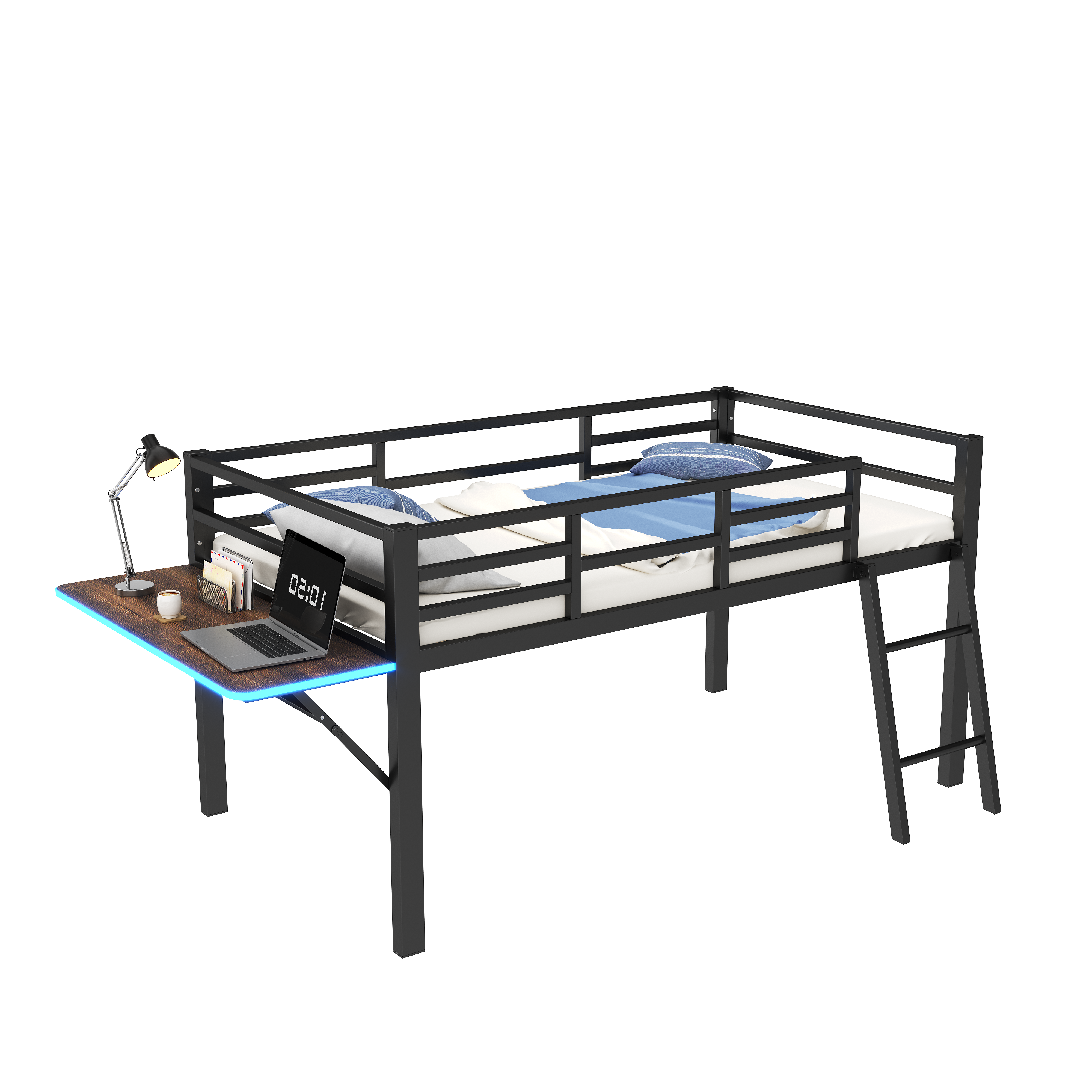 Logidon hoogslaper 90x200 zwart met bureau en LED-lichtstrip