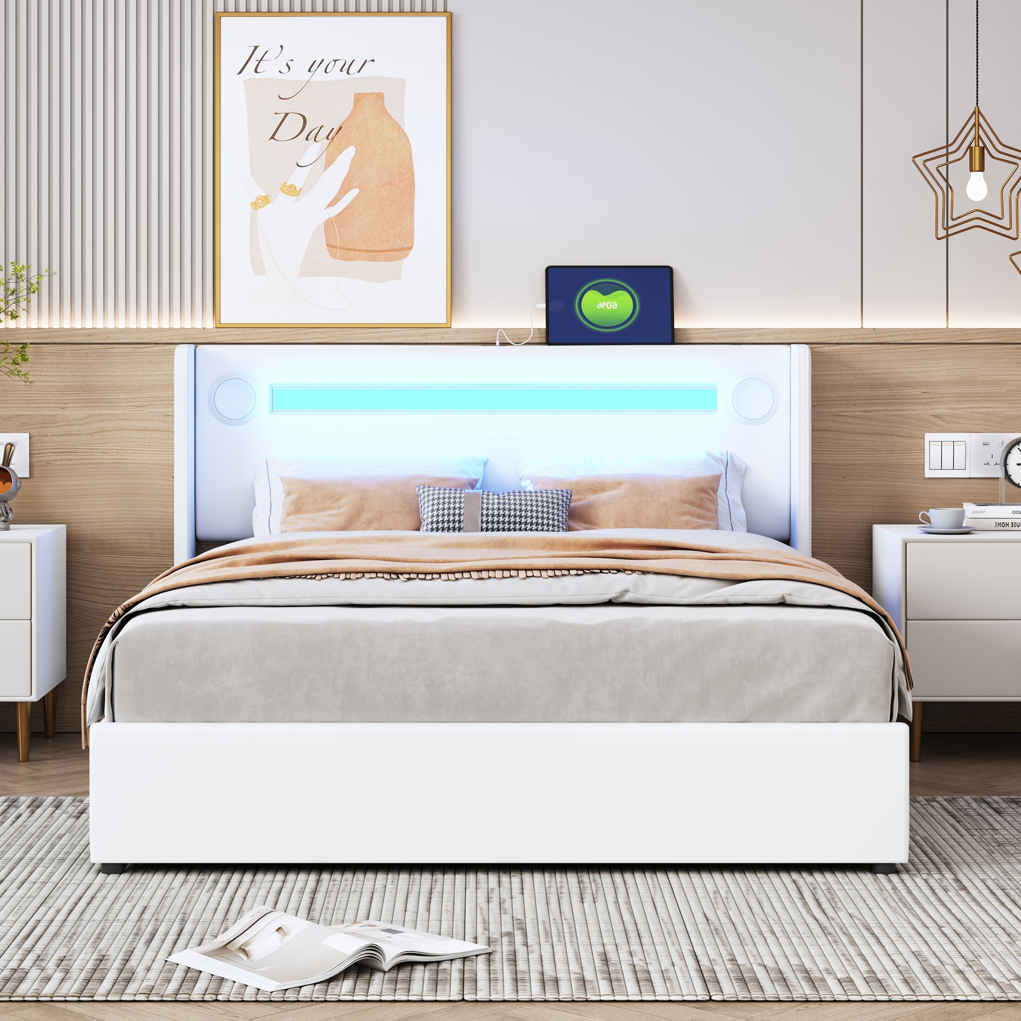 Logidon gestoffeerd bed 140x200 wit LED-licht USB Bluetooth opbergruimte