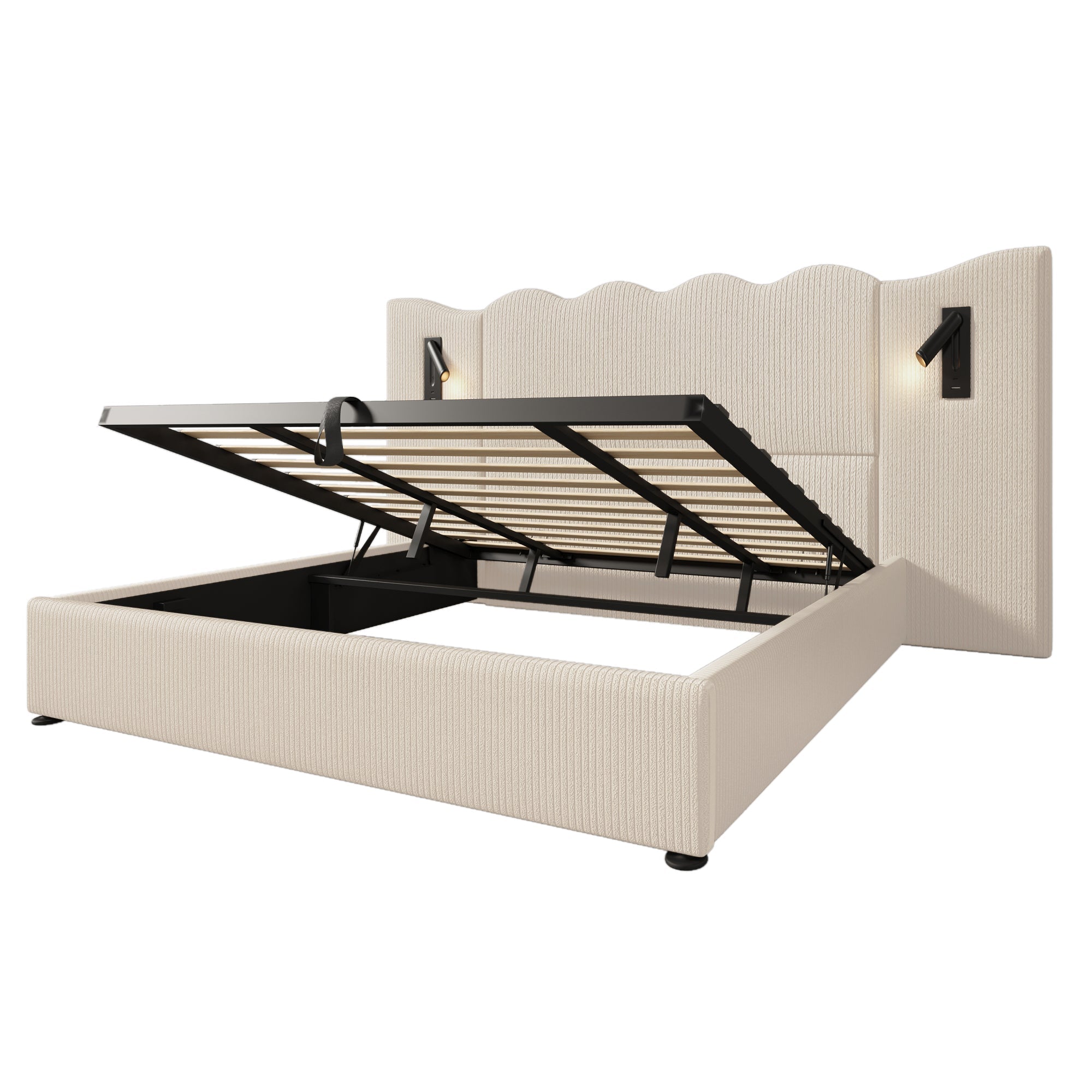 Logidon gestoffeerd bed tweepersoonsbed 180x200 beige-wit leeslamp USB-C opladen