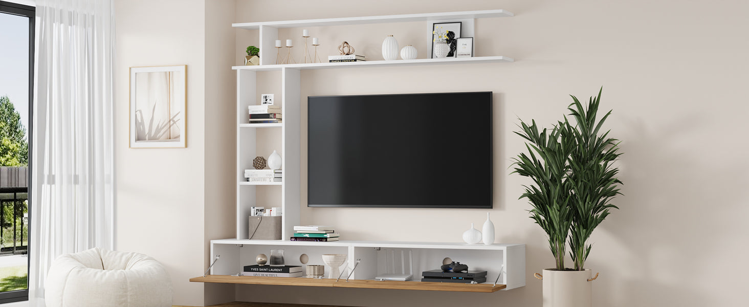 Logidon TV wandmeubel 180 cm wit houtlook met vitrinekasten