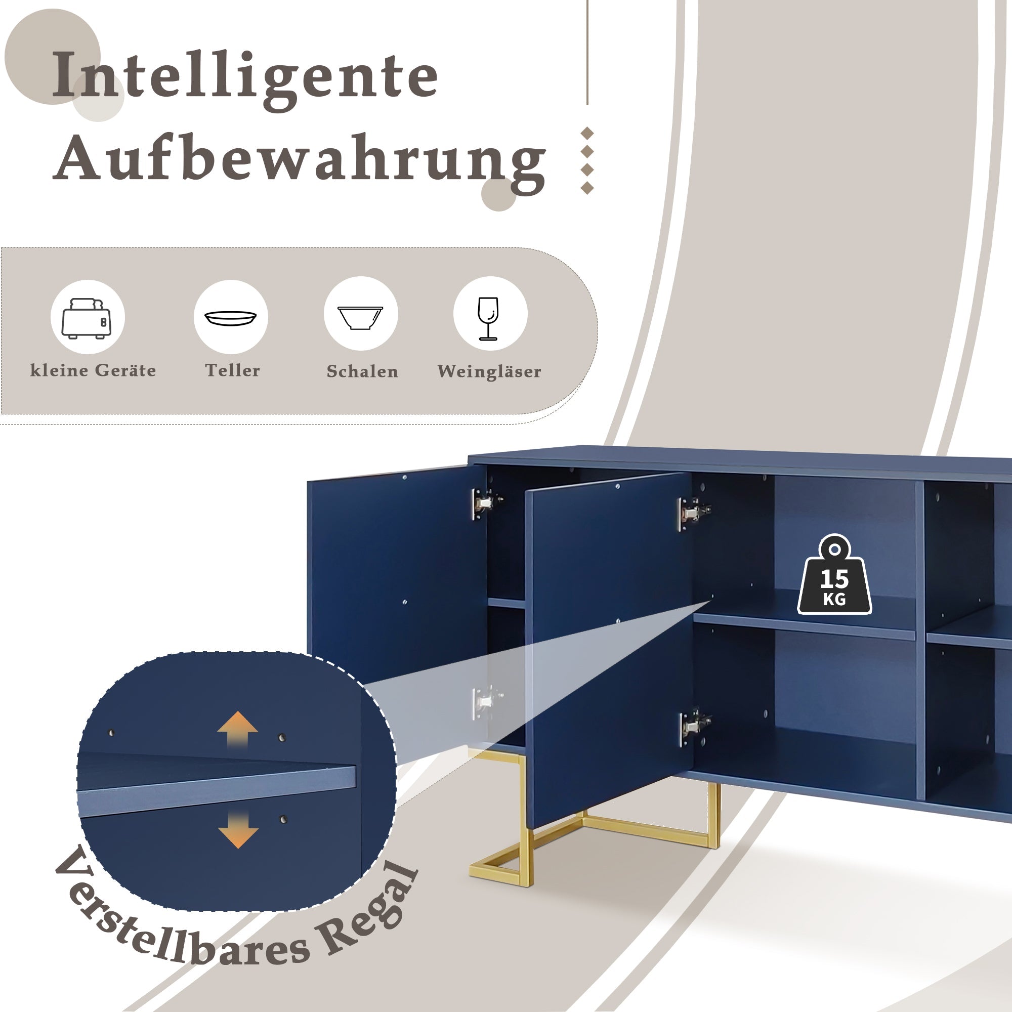 Logidon marineblauw dressoir met 3 deuren en verstelbare planken