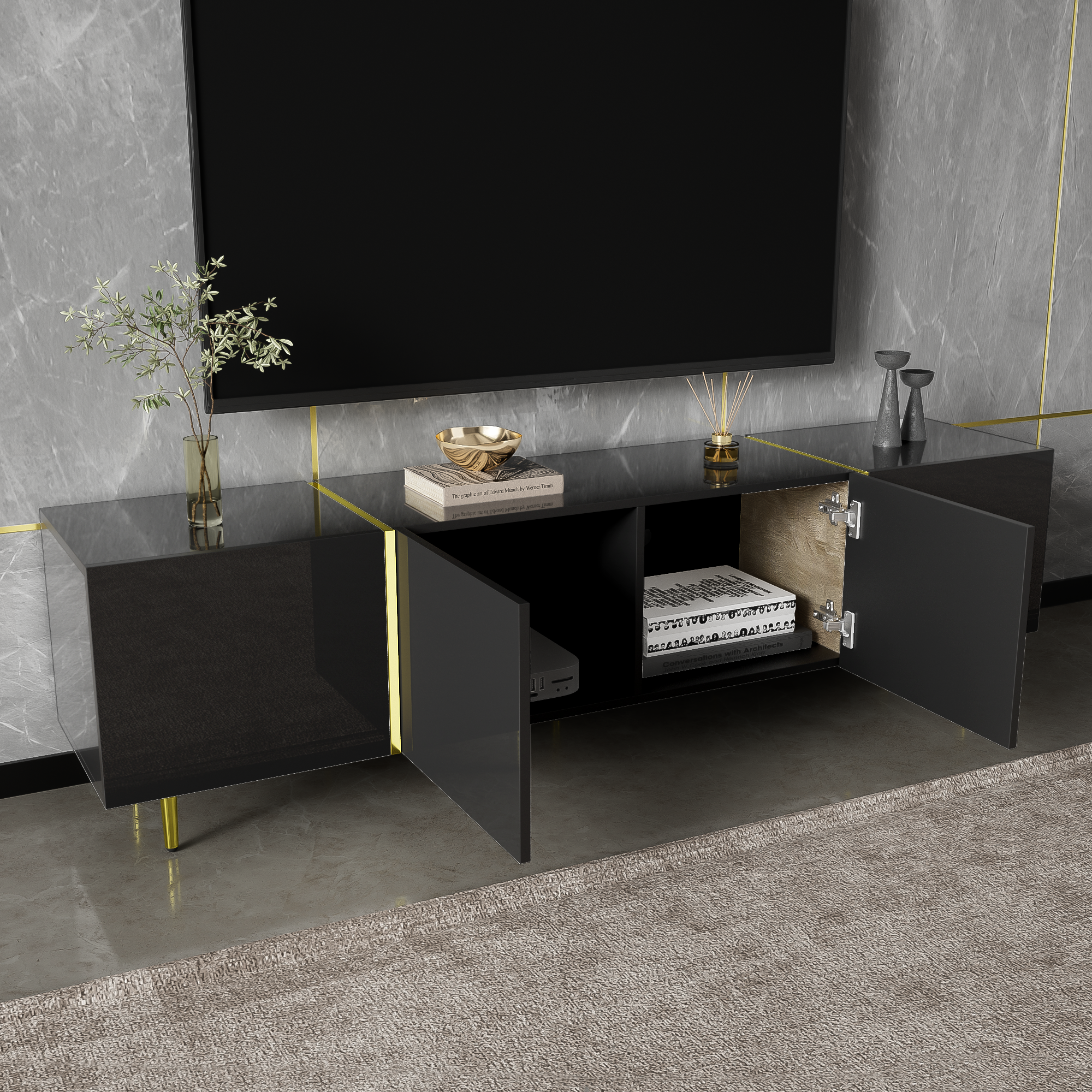 Logidon high-gloss TV cabinet 170 cm black-gold, 4 doors, modern