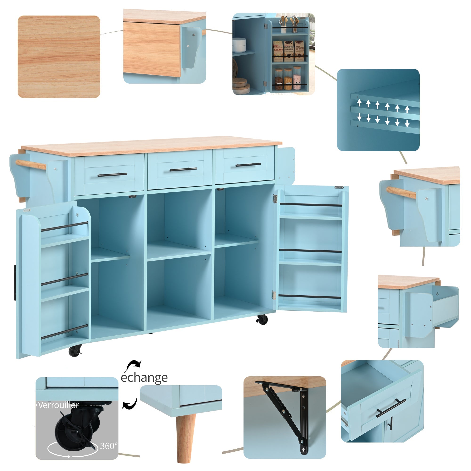 Logidon Eetwagen Blauw Massief Houten Werkblad Opvouwbaar 139x46x91,5 cm