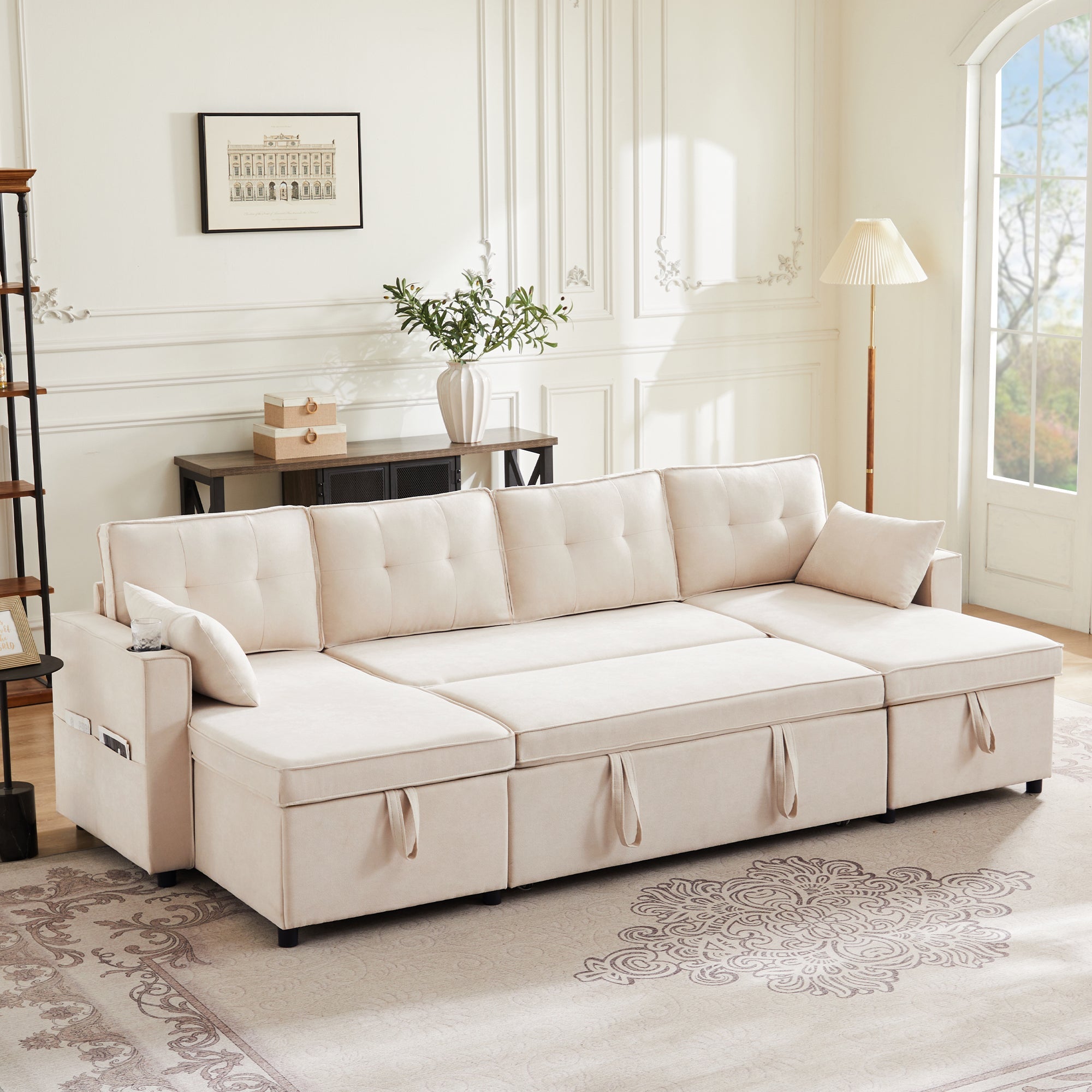 Logidon U-vormige slaapbank, beige stof, grote 4-zits bekerhouder