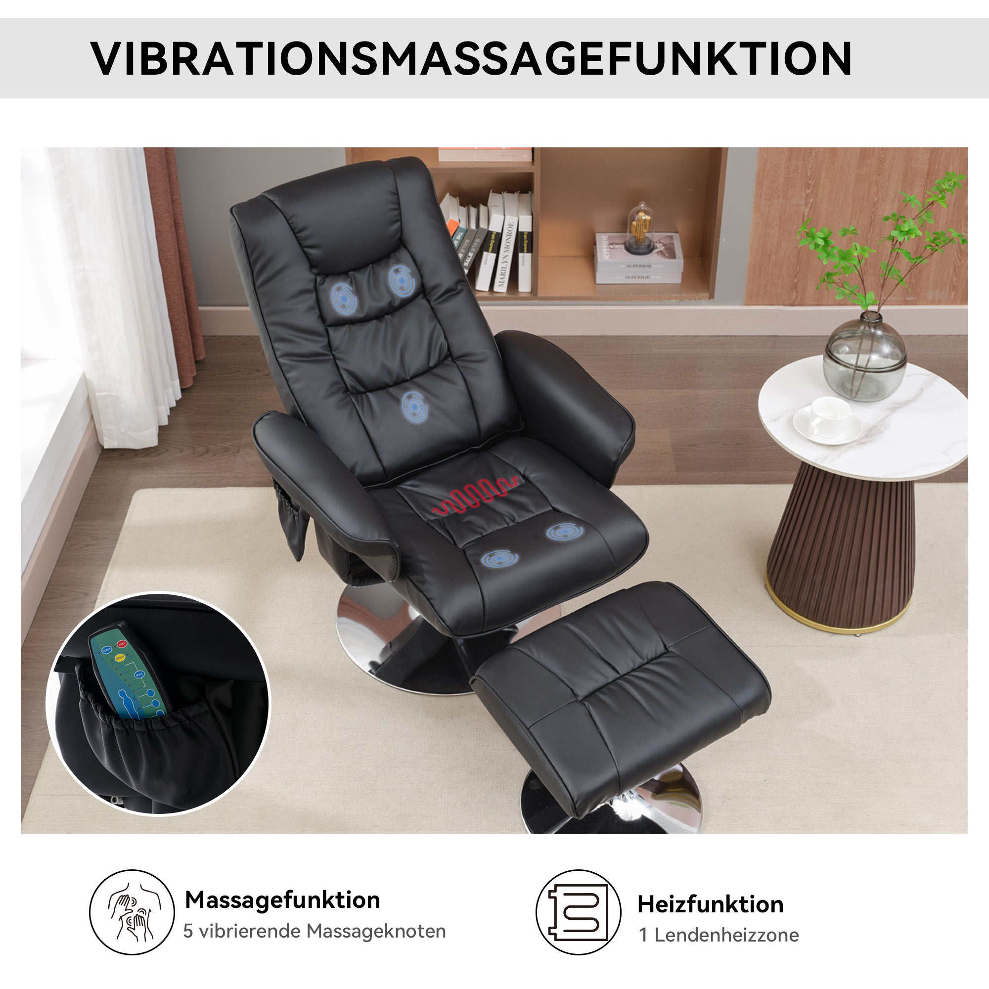 Logidon massagestoel zwart met PU vulling en poef