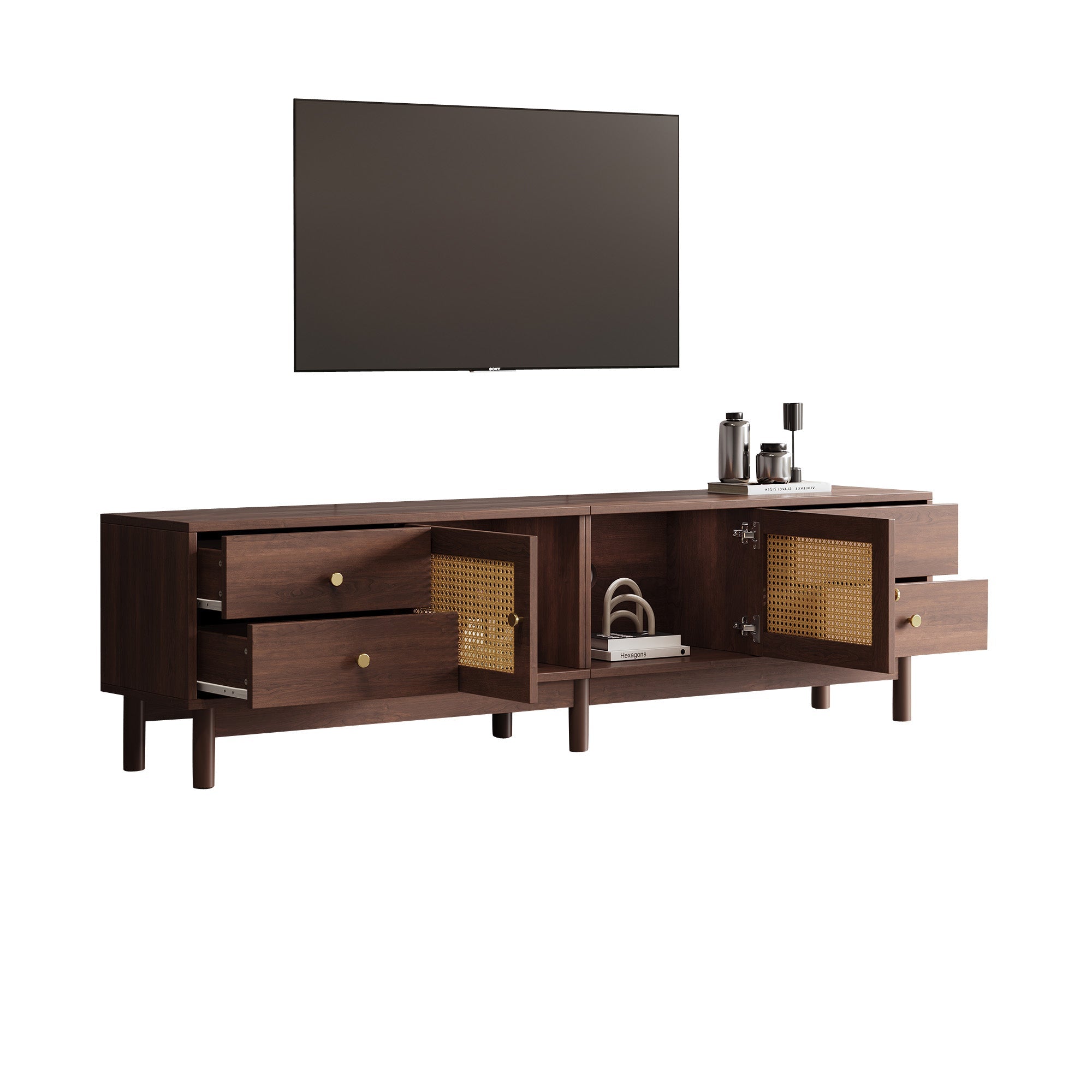 Logidon TV-meubel 180 cm donker houtlook rotan deuren kabelmanagement