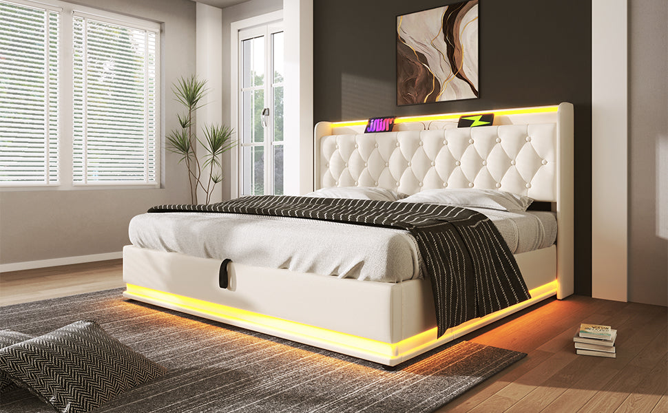 Logidon gestoffeerd bed tweepersoonsbed 180x200 cm wit PU, 360 surround LED
