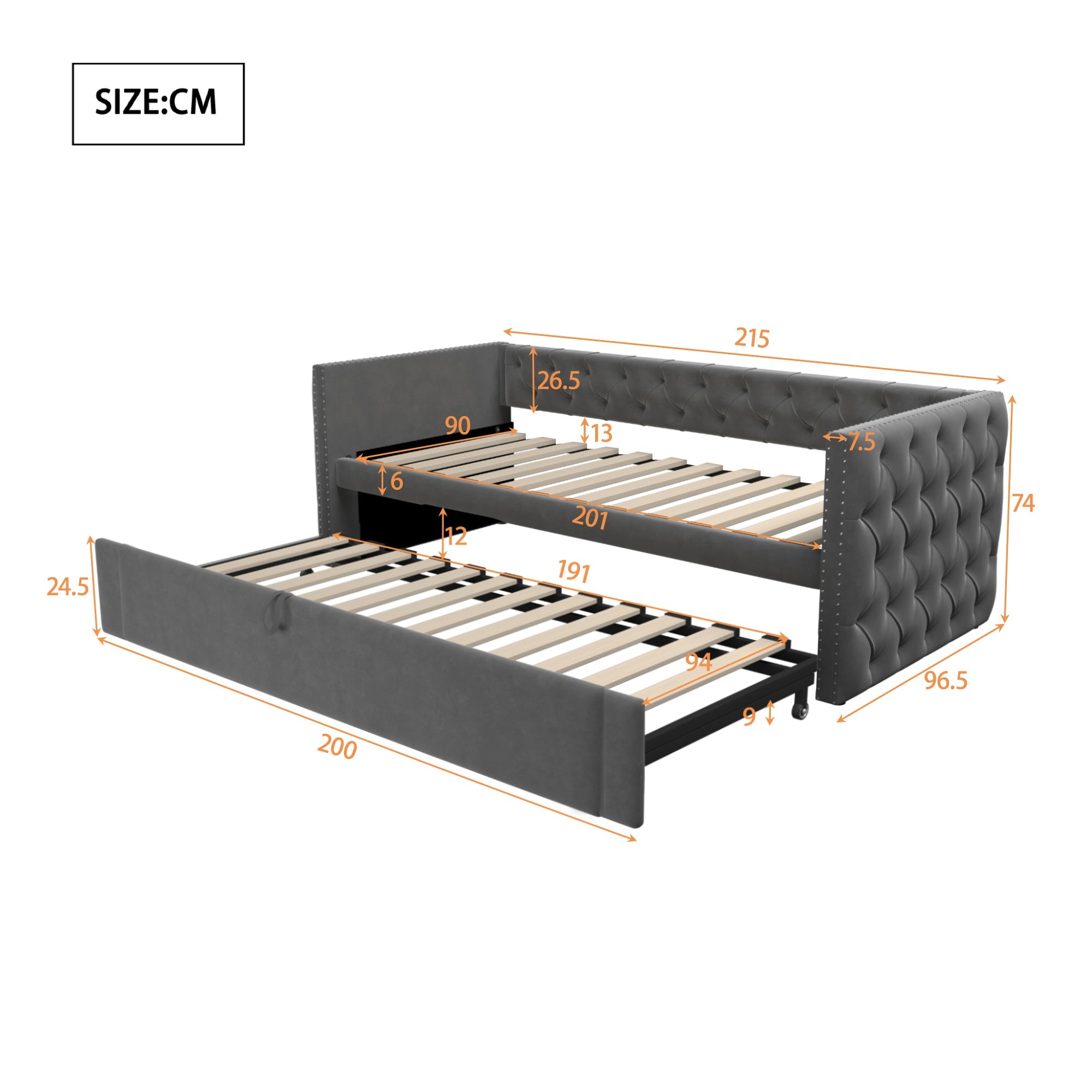 Logidon gestoffeerd bed uitschuifbare slaapbank 90x200 grijs met lattenbodem