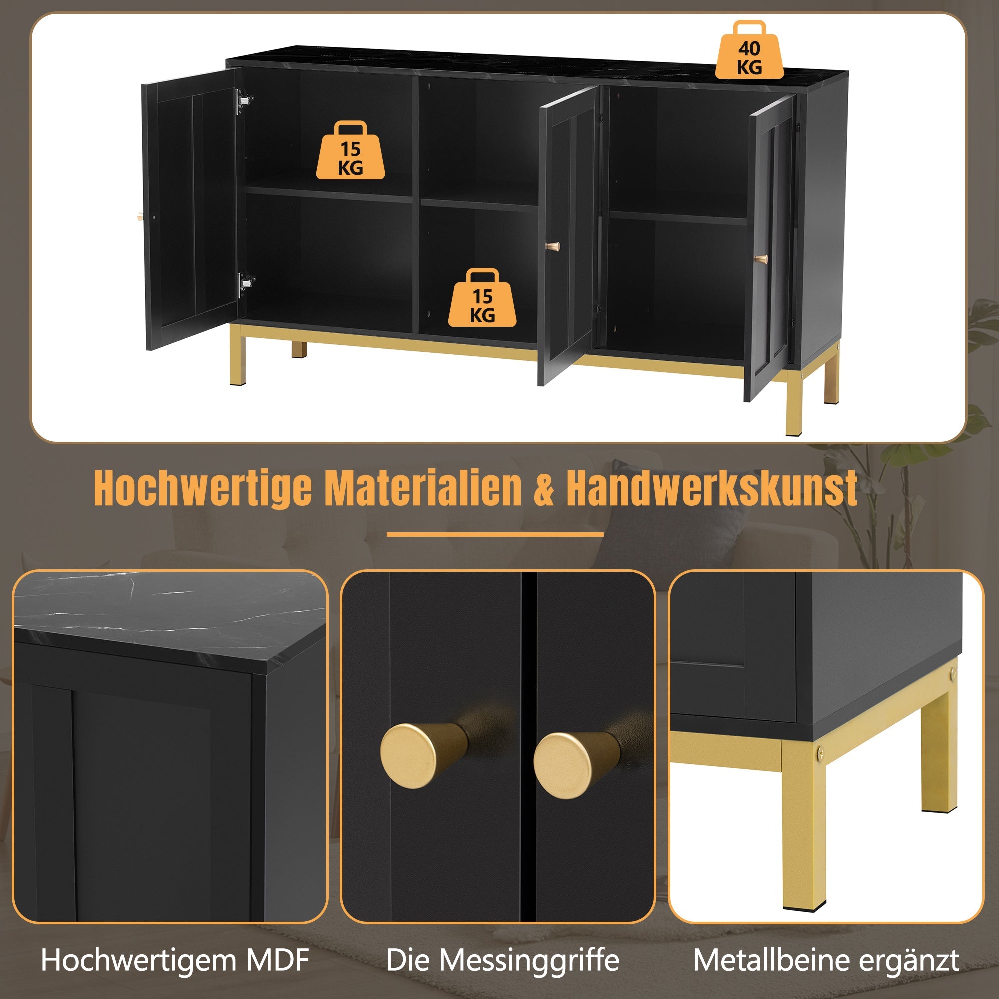 Logidon dressoir 3 deuren zwart MDF met marmerlook 140x40x78