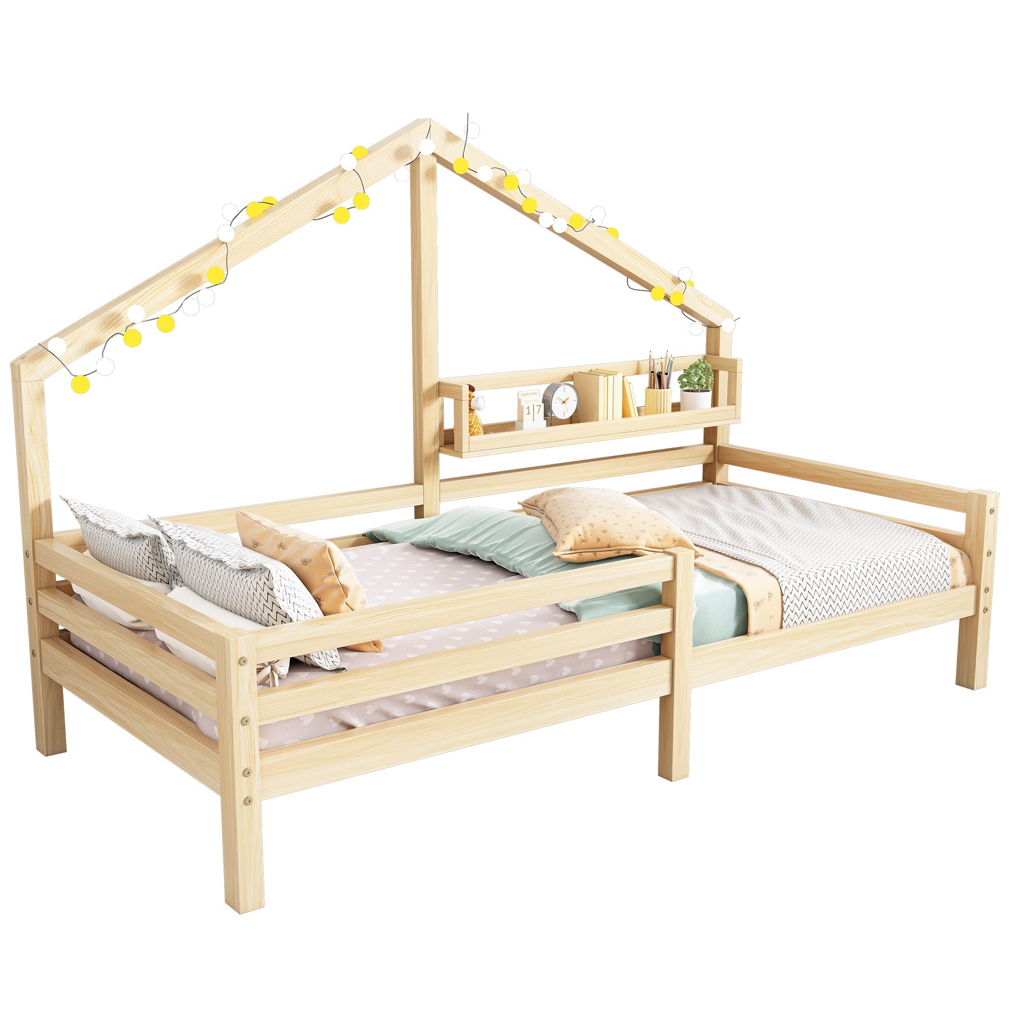 Logidon huisbed kinderbed 90x200 naturel met plank plank schouwvorm