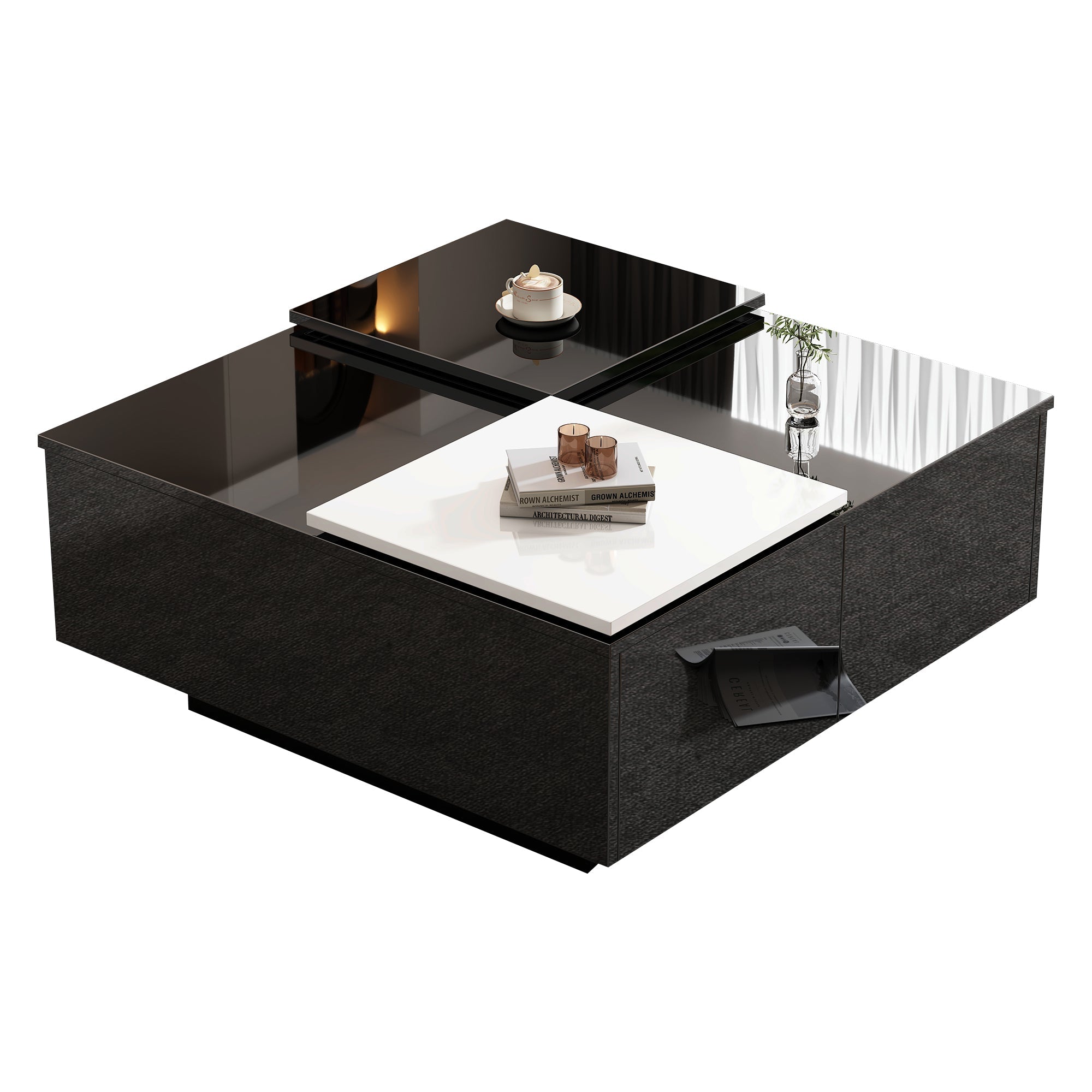 Logidon Hoogglans Salontafel Zwart Wit 75x75 Cm Met 4 Laden