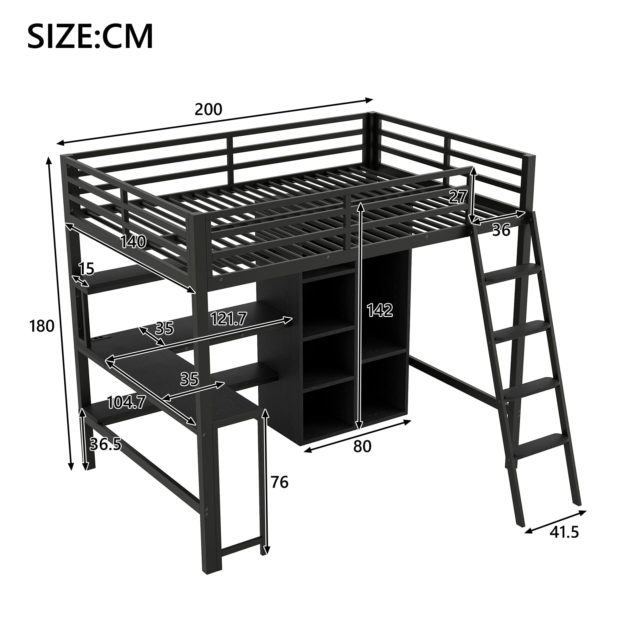 Logidon metalen hoogslaper 140x200 zwart met trap bureau USB LED