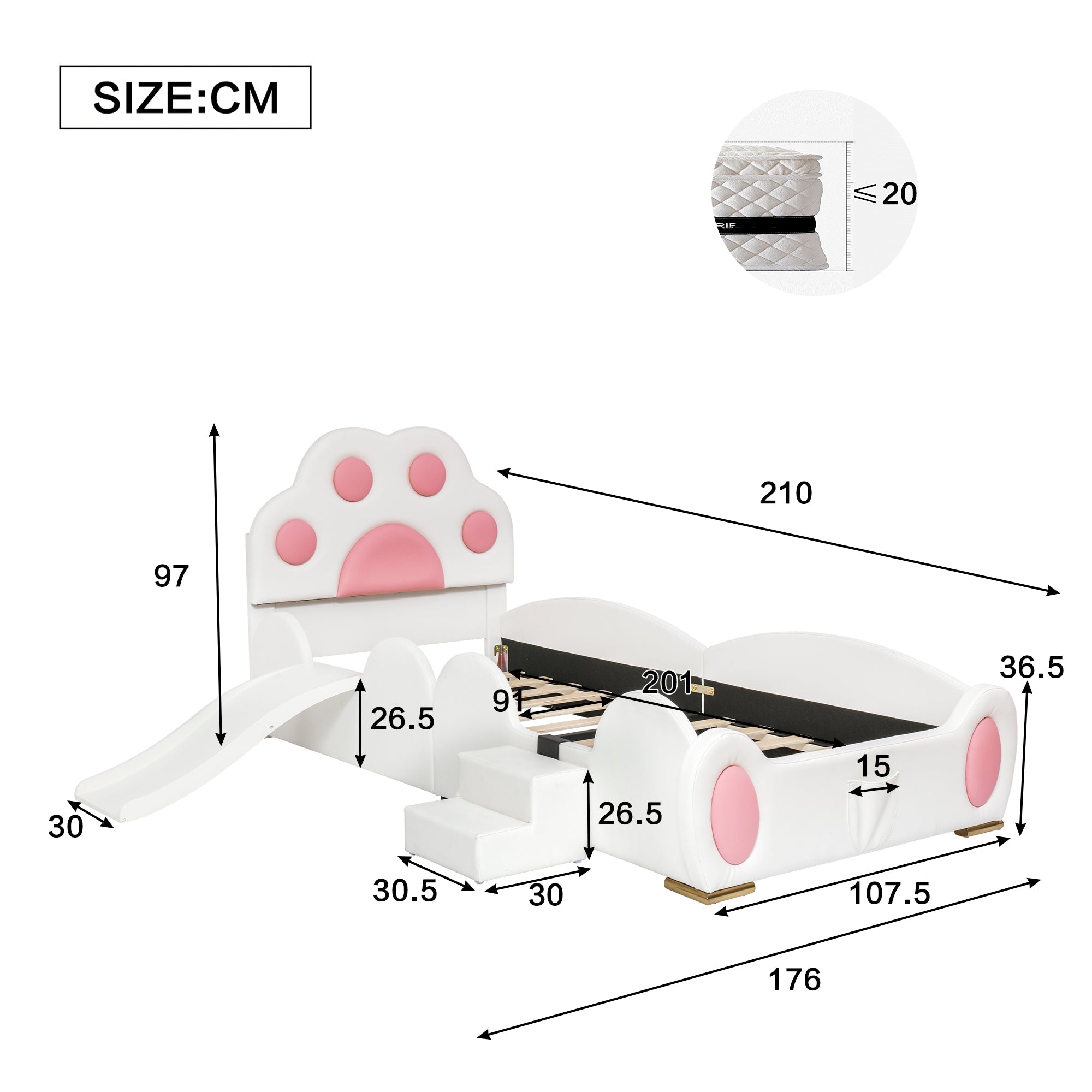 Logidon gestoffeerd bed 90x200 cm wit roze met kattenpoot hoofdeinde