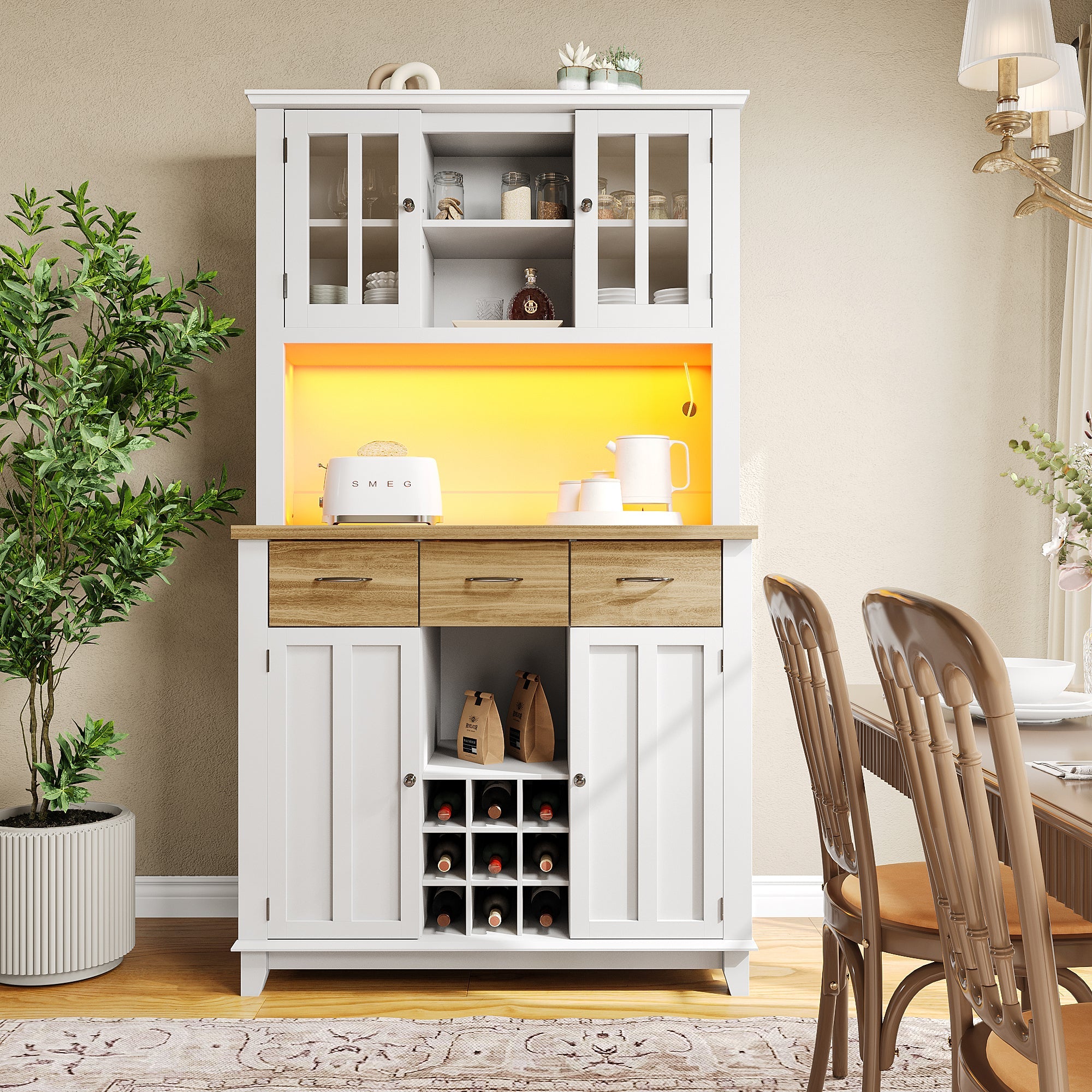 Logidon keukenkast vitrinekast 106x40x179cm met LED licht naturel wit