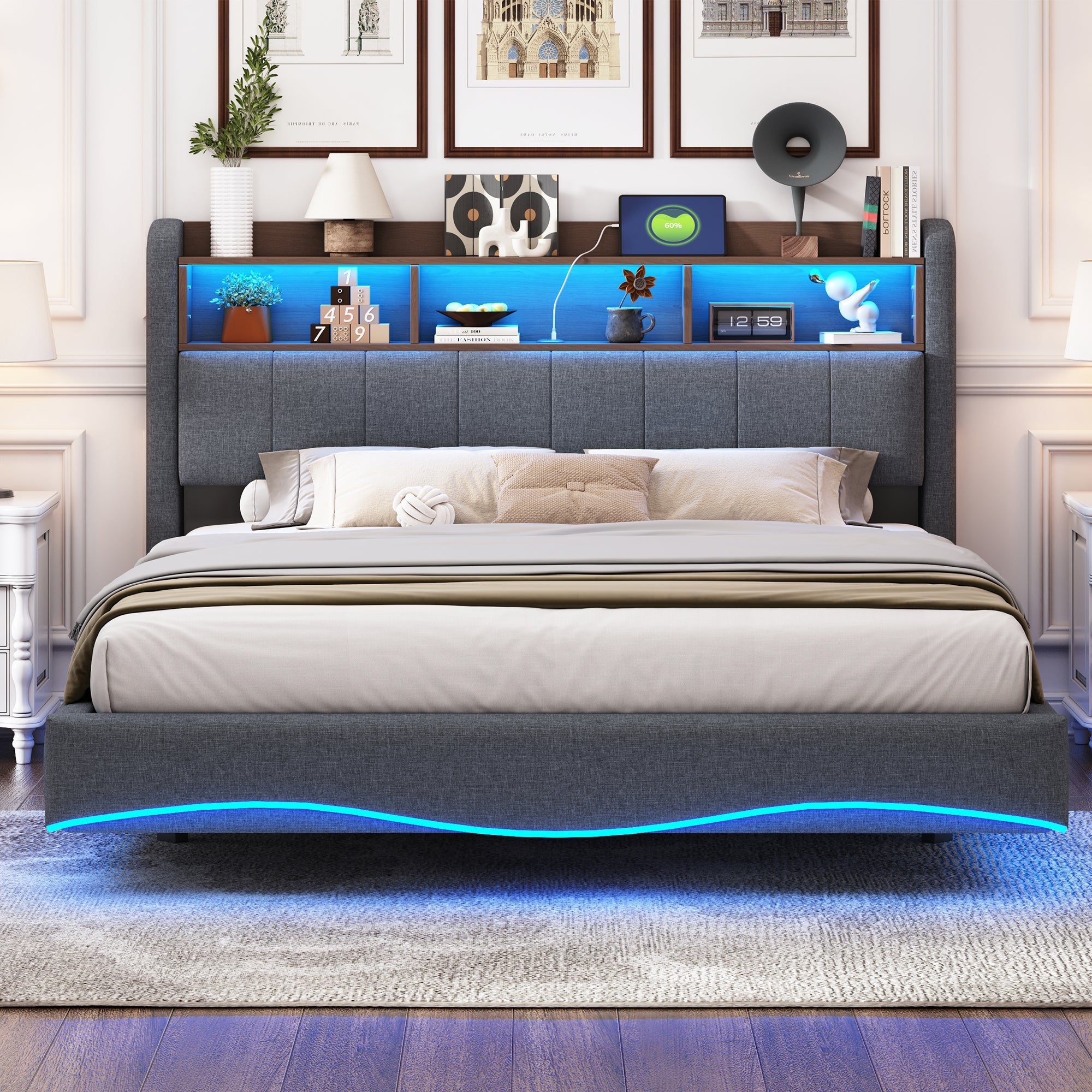 Logidon hangend gestoffeerd bed 160x200 grijs met LED-licht USB TypeC
