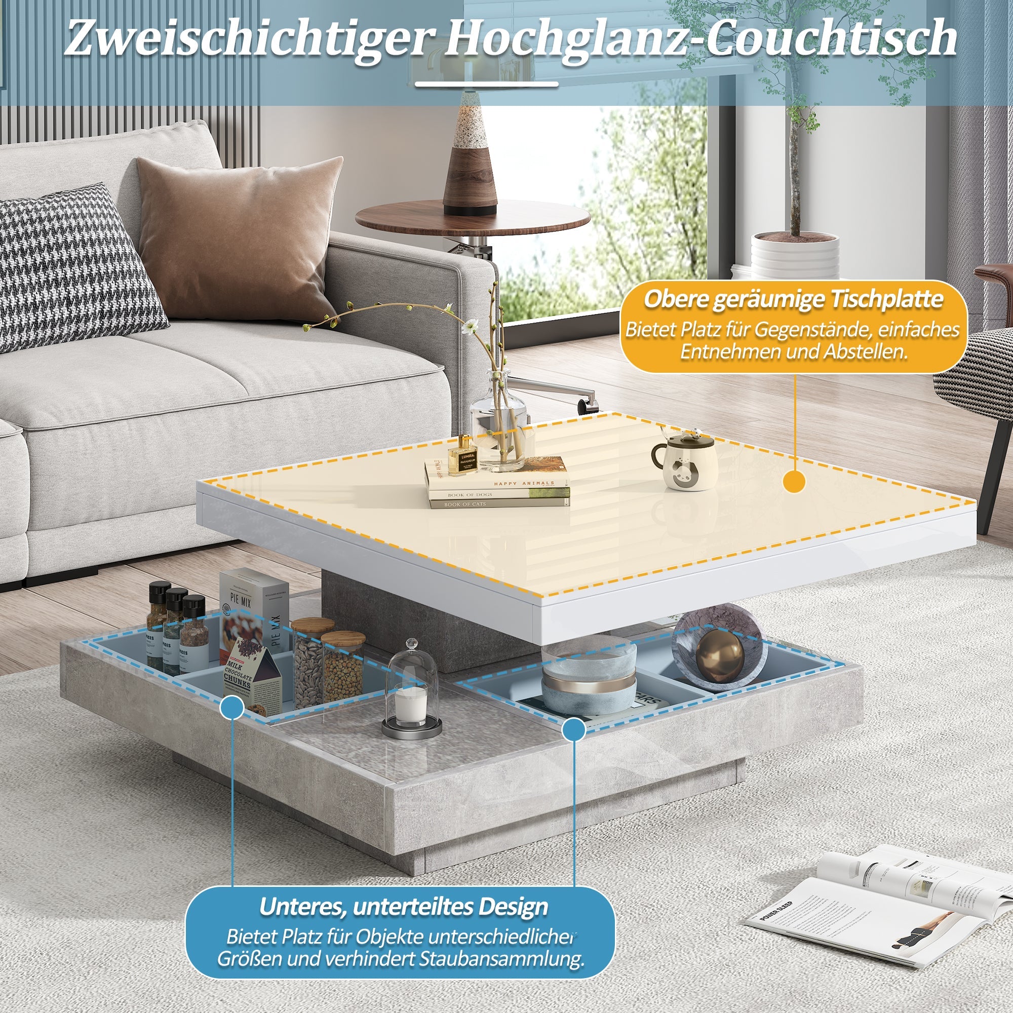 Logidon 360 graden draaibare salontafel 70x70x36 cm wit hoogglans