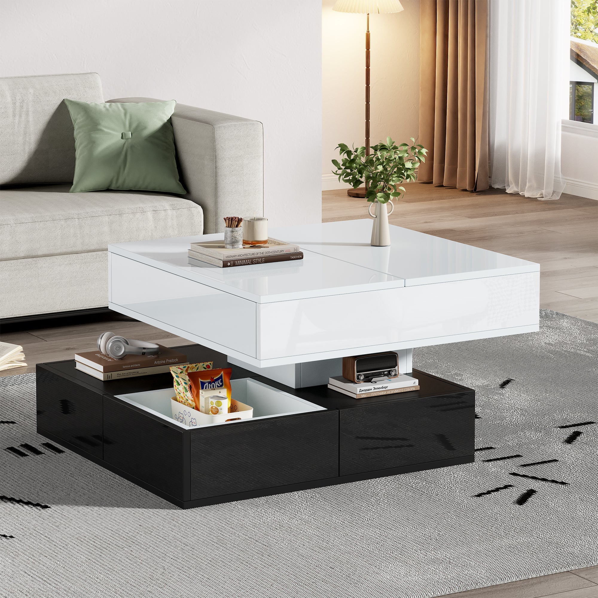 Logidon salontafel 70x70 hefblad 360 graden draaibaar 3 lades wit