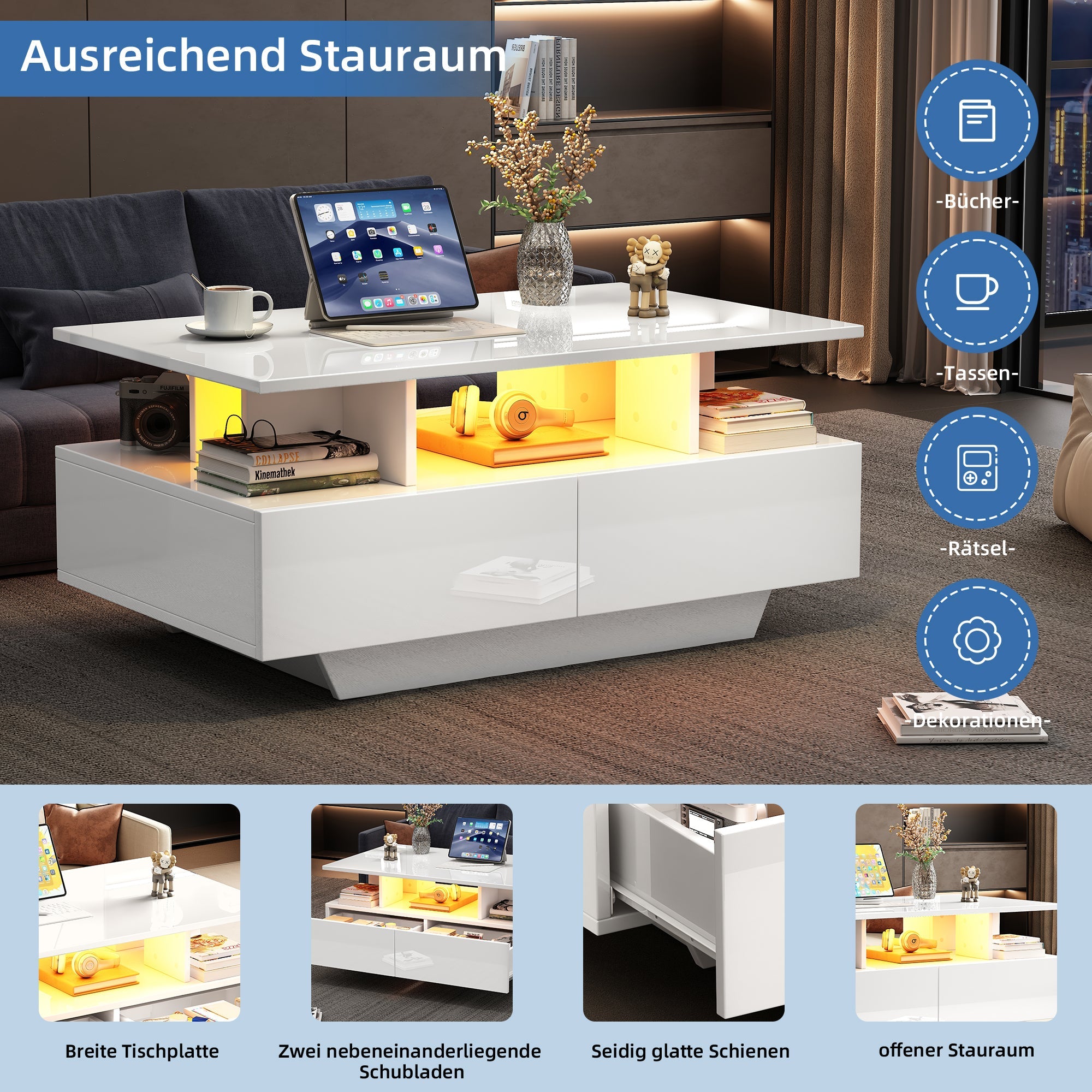 Logidon hoogglans salontafel LED, 2 lades, 90x55x41 cm wit