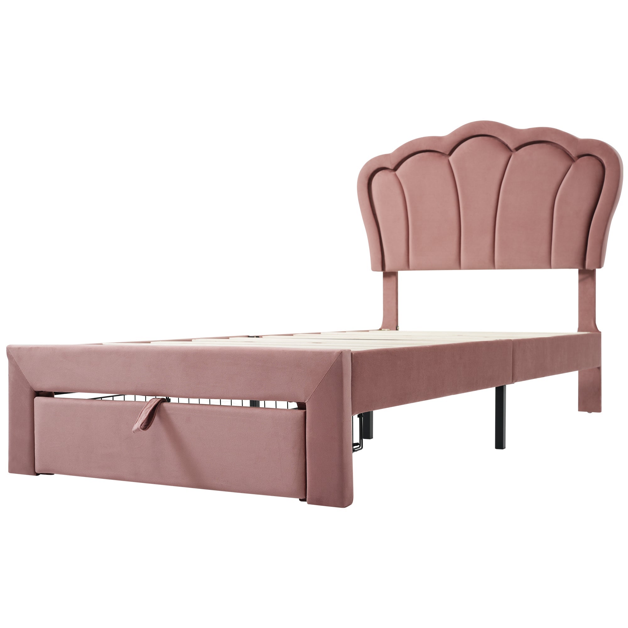 Logidon kinderbed LED 90x190 roze fluweel gestoffeerd bed met lades