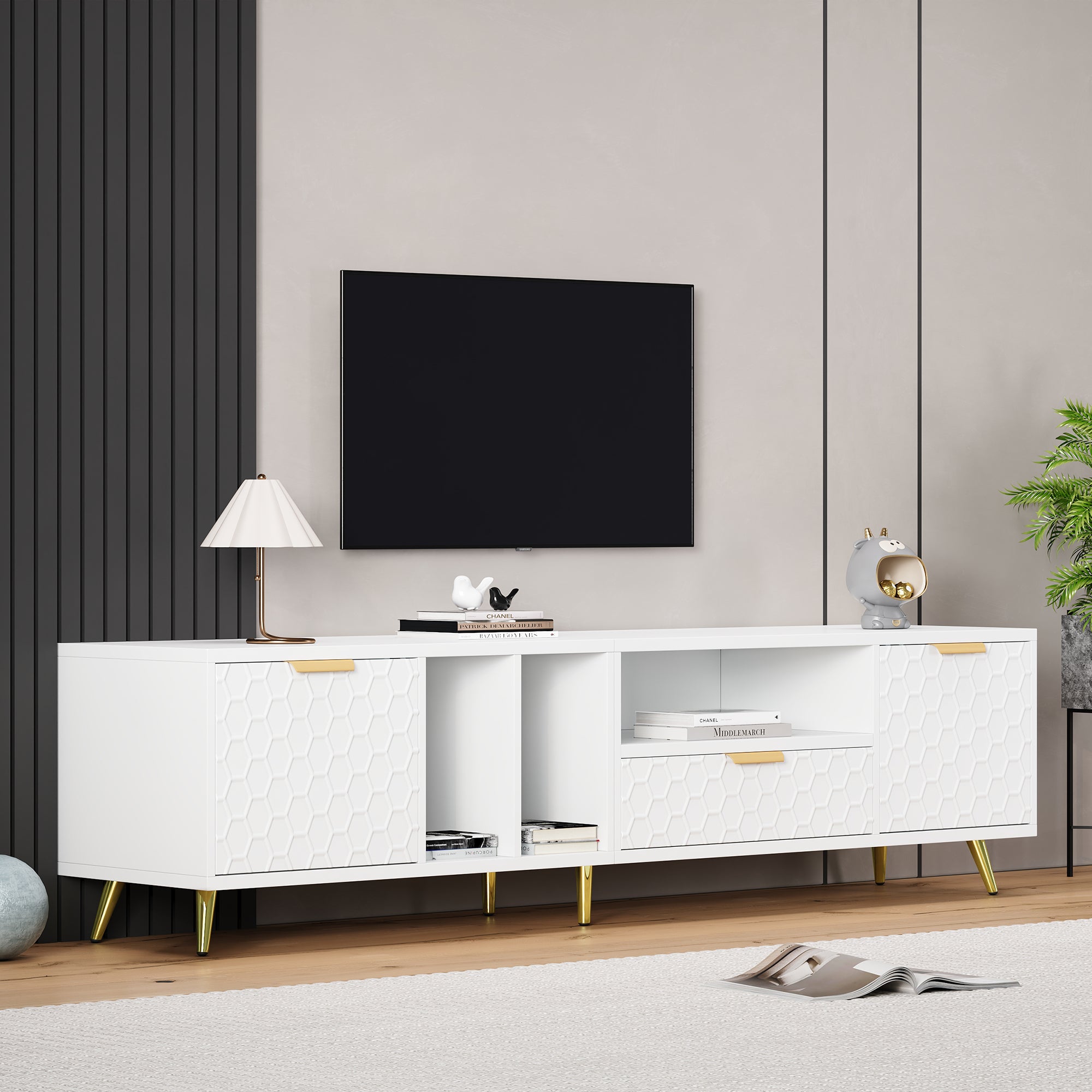 Logidon White TV Stand with Honeycomb Pattern and Storage Space for up to 80 Inches
