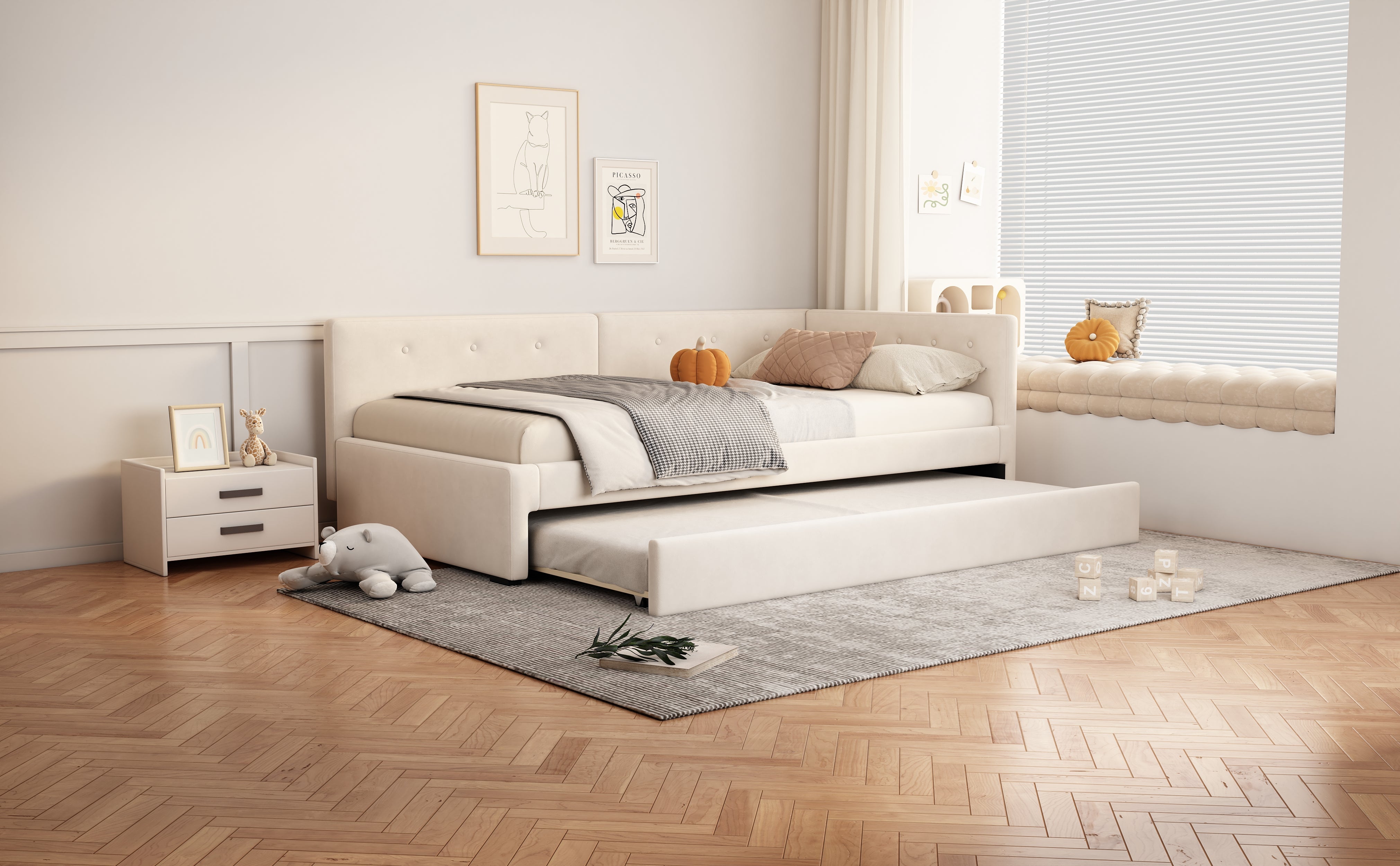 Logidon gestoffeerd bed 90x200 cm beige met lattenbodem en hoofdbord