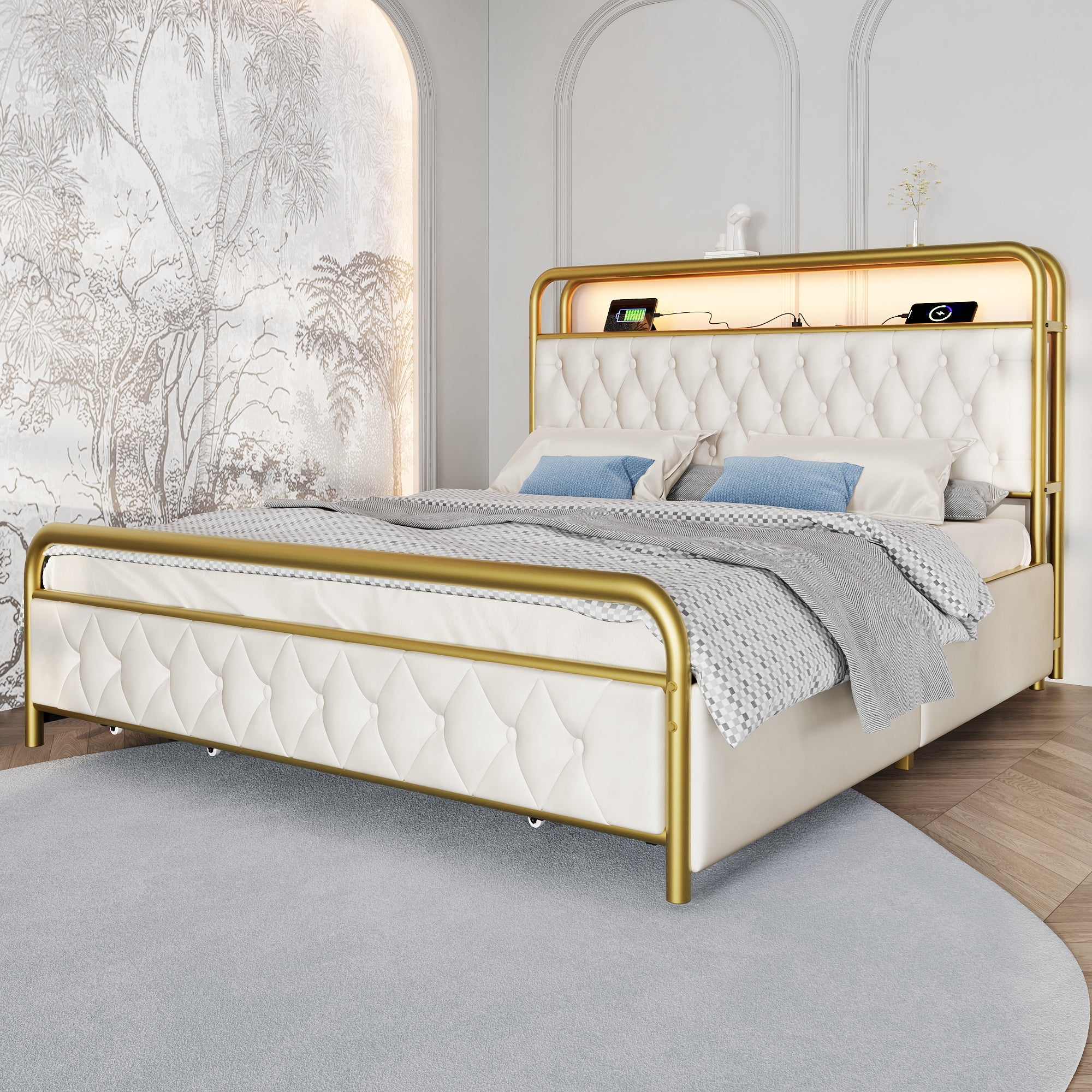 Logidon gestoffeerd bed 160x200 wit fluweel USB C oplaadfunctie LED