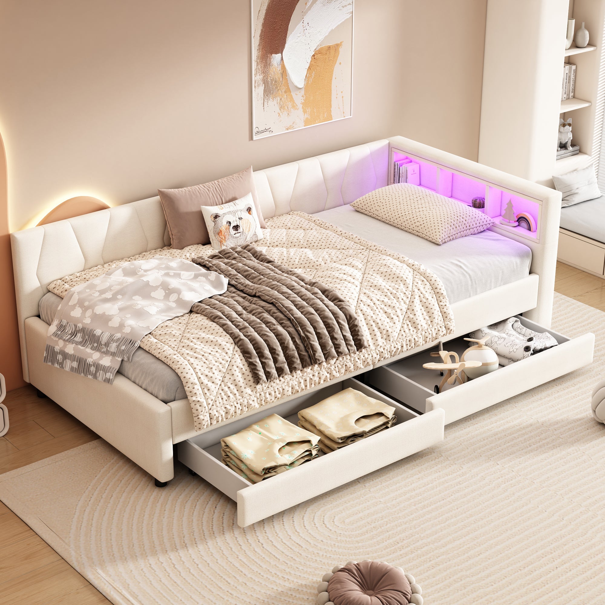 Logidon Dagbed 90x200 cm Beige Slaapbank Opbergvak met USB C LED