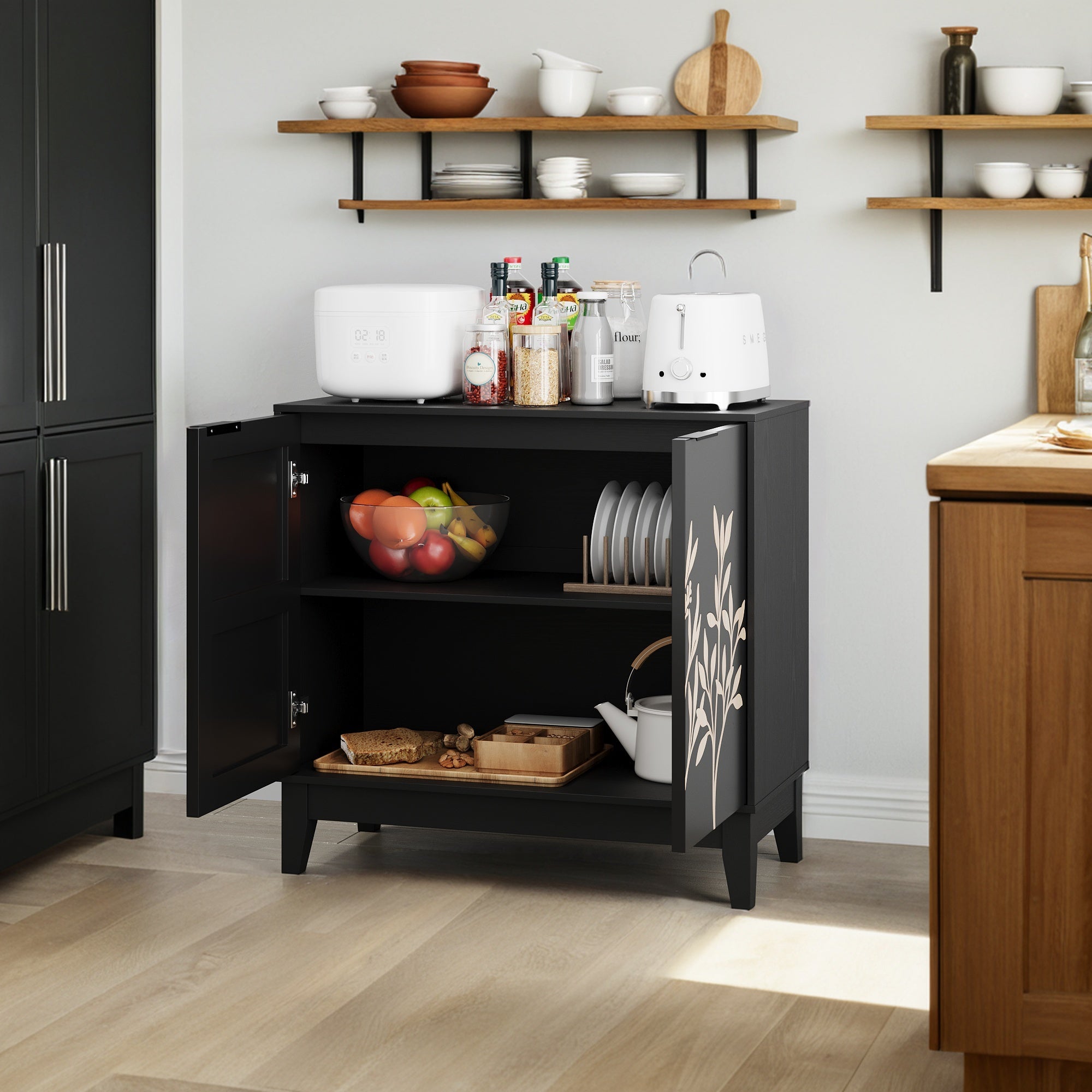 Logidon 80 cm Buffetschrank Schwarz Mit Schnitzwerk Und Verstellbaren Regalen